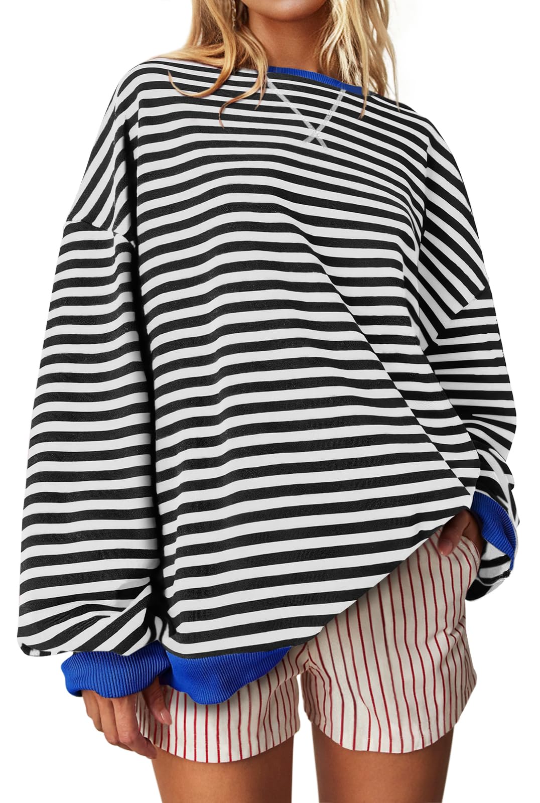 UEU Women Oversized Striped Crewneck Sweatshirt Long Sleeve Color Block Pullover Tops Casual Loose Workout Shirt, Orangegreen Striped, XL