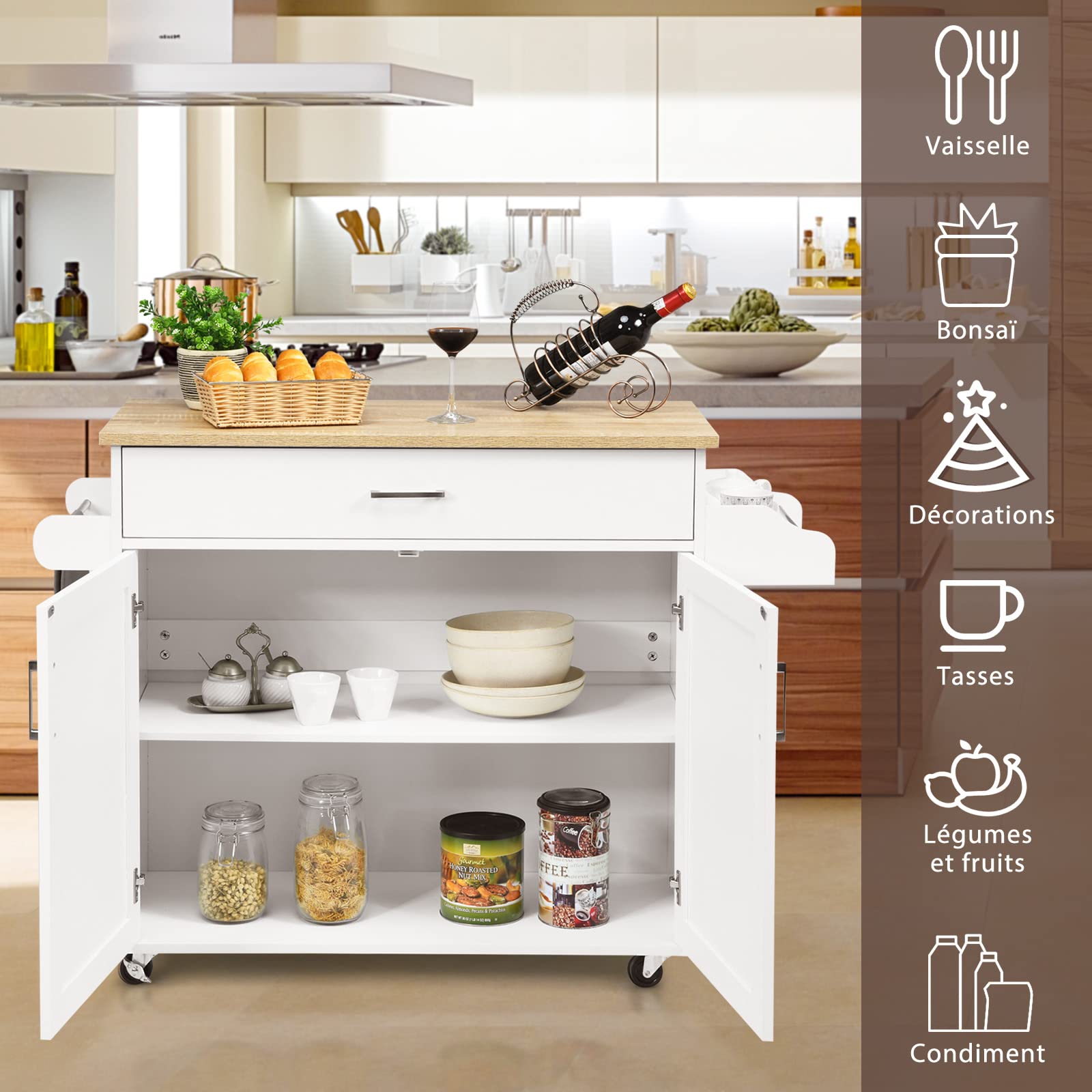 GIANTEX Desserte à roulettes avec Plan de Travail 90 x 40 cm, Desserte de Cuisine avec Grand Tiroir et Armoire à 2 Portes, Porte-Épices et Porte-Serviettes,116 x 40 x 85 cm (Blanc)