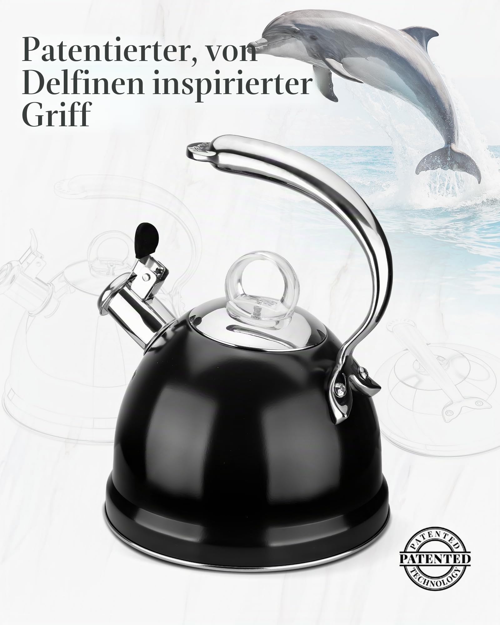 Harriet Teekessel, 2,5 QT Pfeifende Edelstahl-Teekanne, 3-lagiger Boden, einzigartiger ergonomischer Griff, inklusive Topflappen und Matte, Elektro-/Induktions-/Gasherde, Schwarz