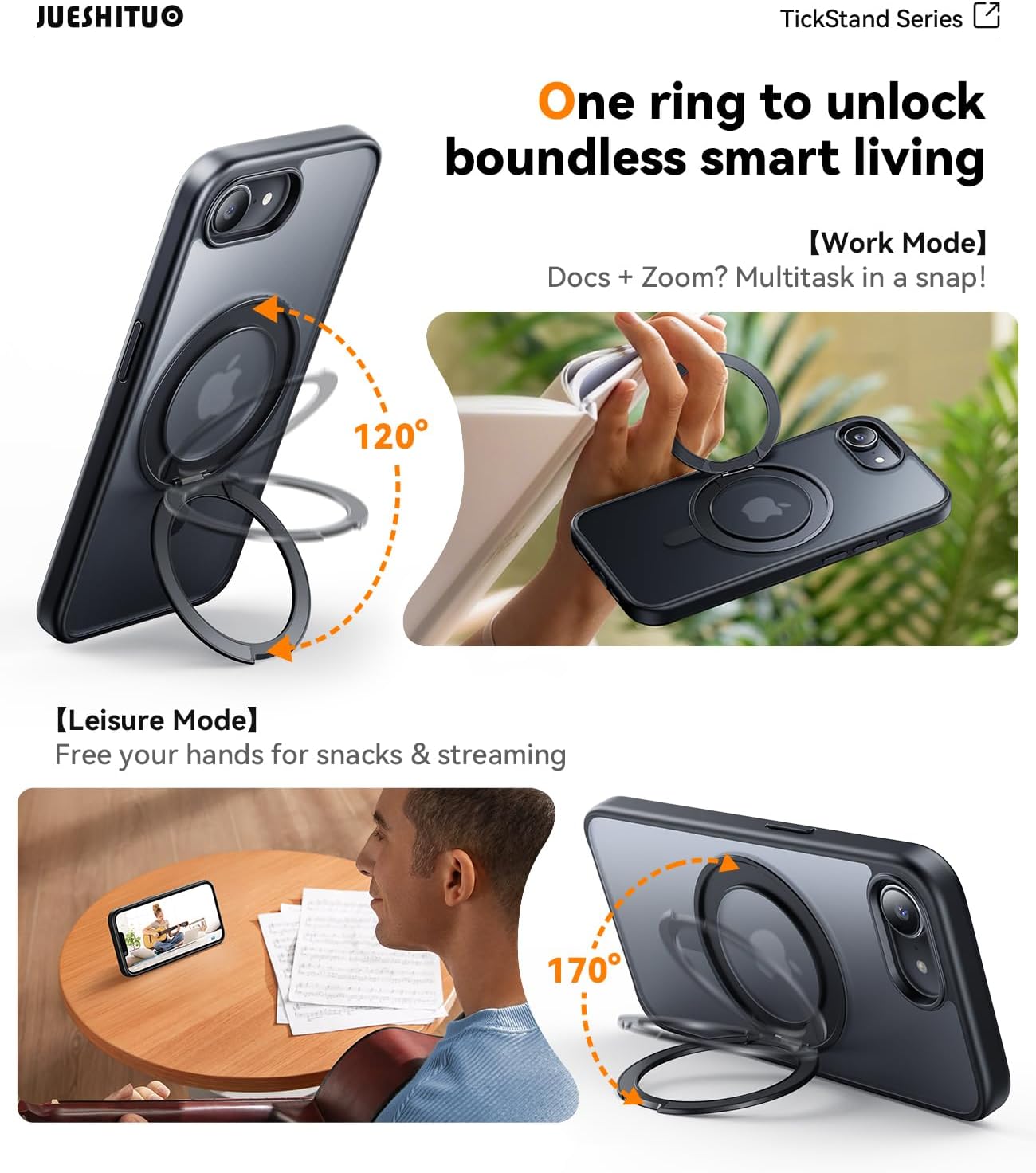 JUESHITUO 3 in 1 for iPhone 16 E Case, [Non-Yellowing] 360° Rotatable Magnetic Ring Stand with [1X Screen Protector] Slim iPhone 16 E Phone Cover 6.1'', Black Titanium - Image 2