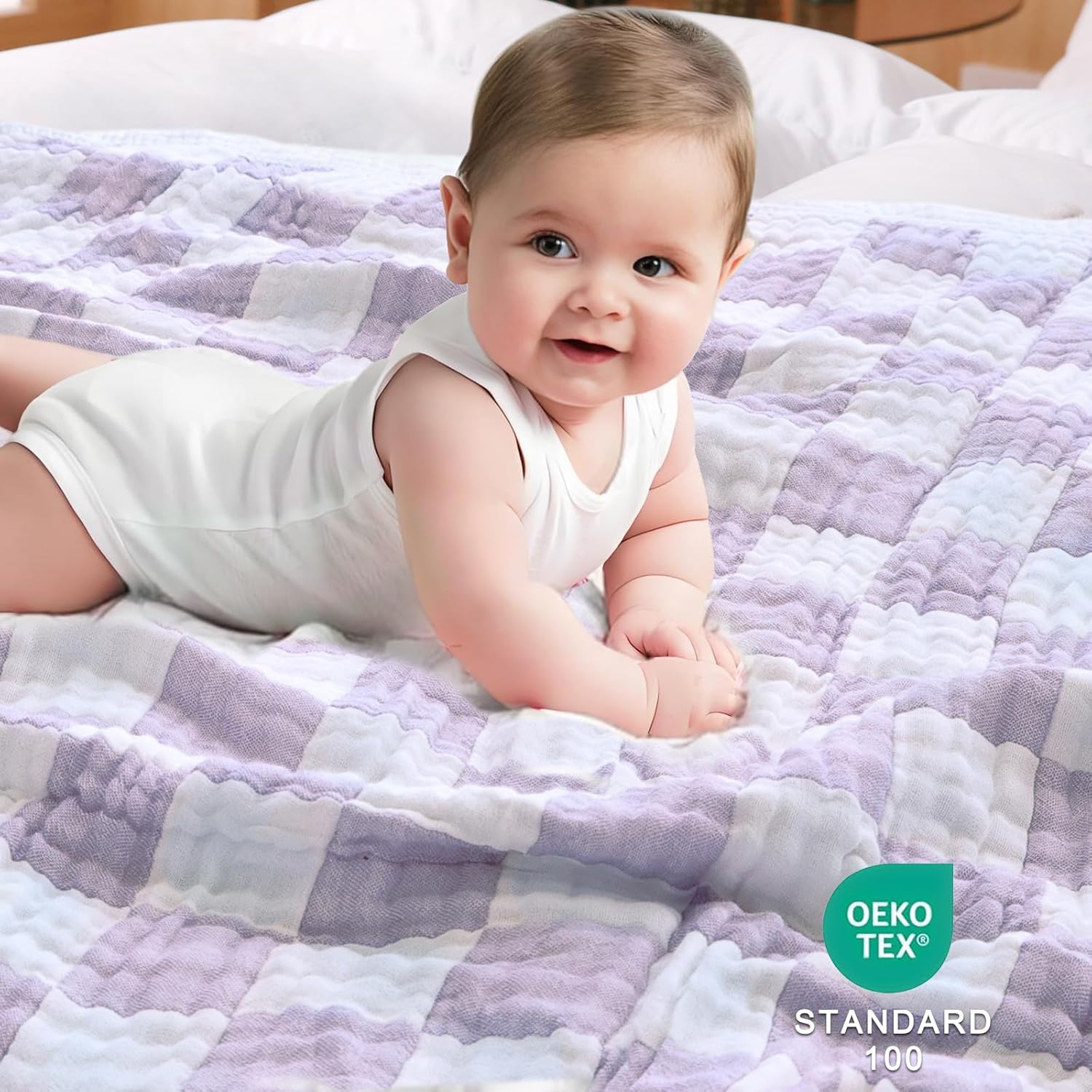 Muslin Swaddle Blankets, Ultra Soft Checkered Receiving Blankets for Baby Boys and Girls, 43 x 43 Inches Baby Swaddle Neutral Wrap 70% Cotton and 30% Rayon Purple - Image 5