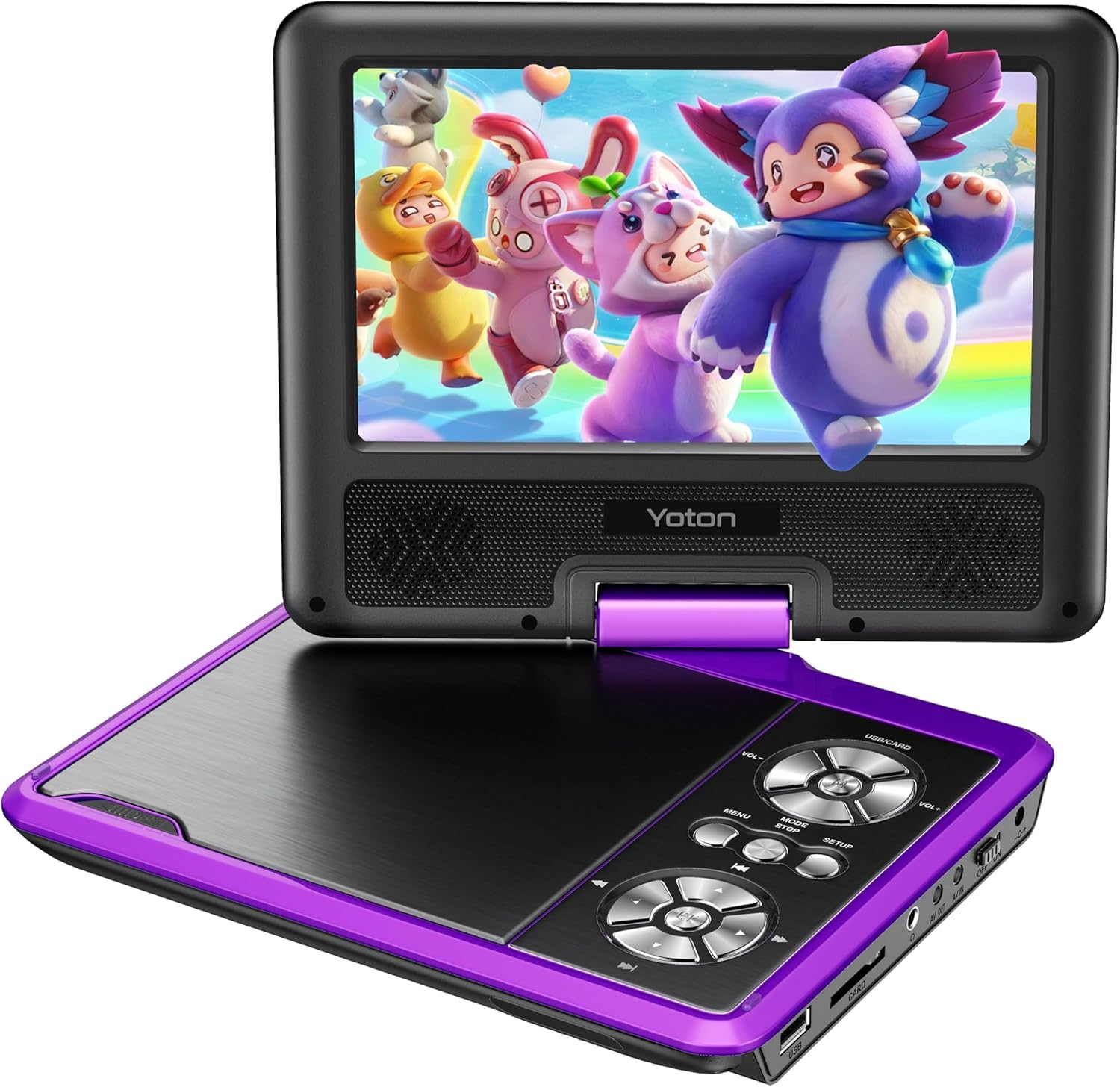 Yoton Reproductor de DVD portátil de 9,5 Pulgadas para niños con Pantalla giratoria HD de 7,5 Pulgadas, Altavoz estéreo, sincronización TV/USB/Tarjeta SD, Morado