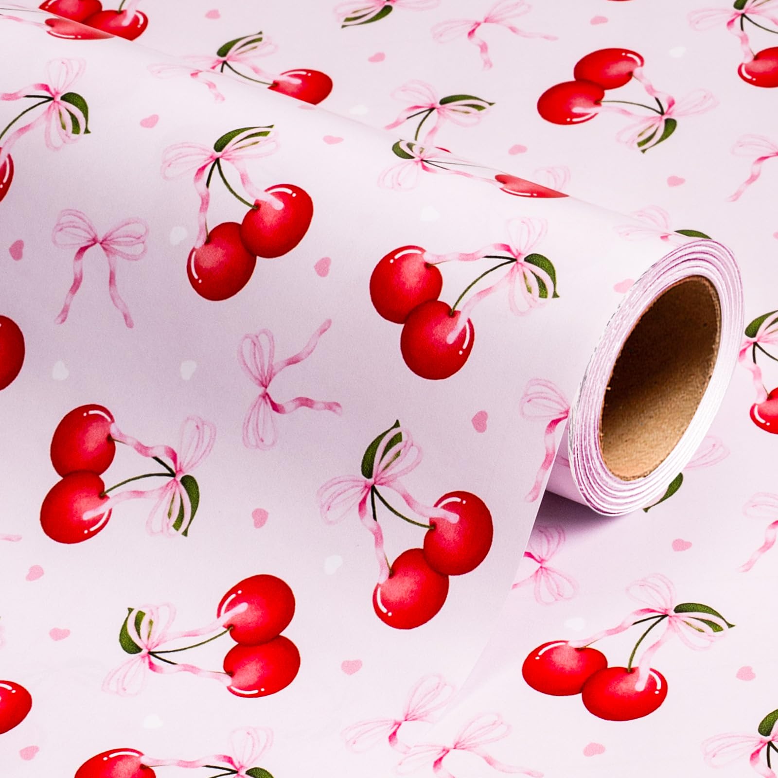 Wikadlik Pink Wrapping Paper Roll - 43cm x 5m Cute Sweet Cherry & Bow Pattern Gift Wrap for Girls Birthdays, Wedding, Valentines Day, Mothers Day