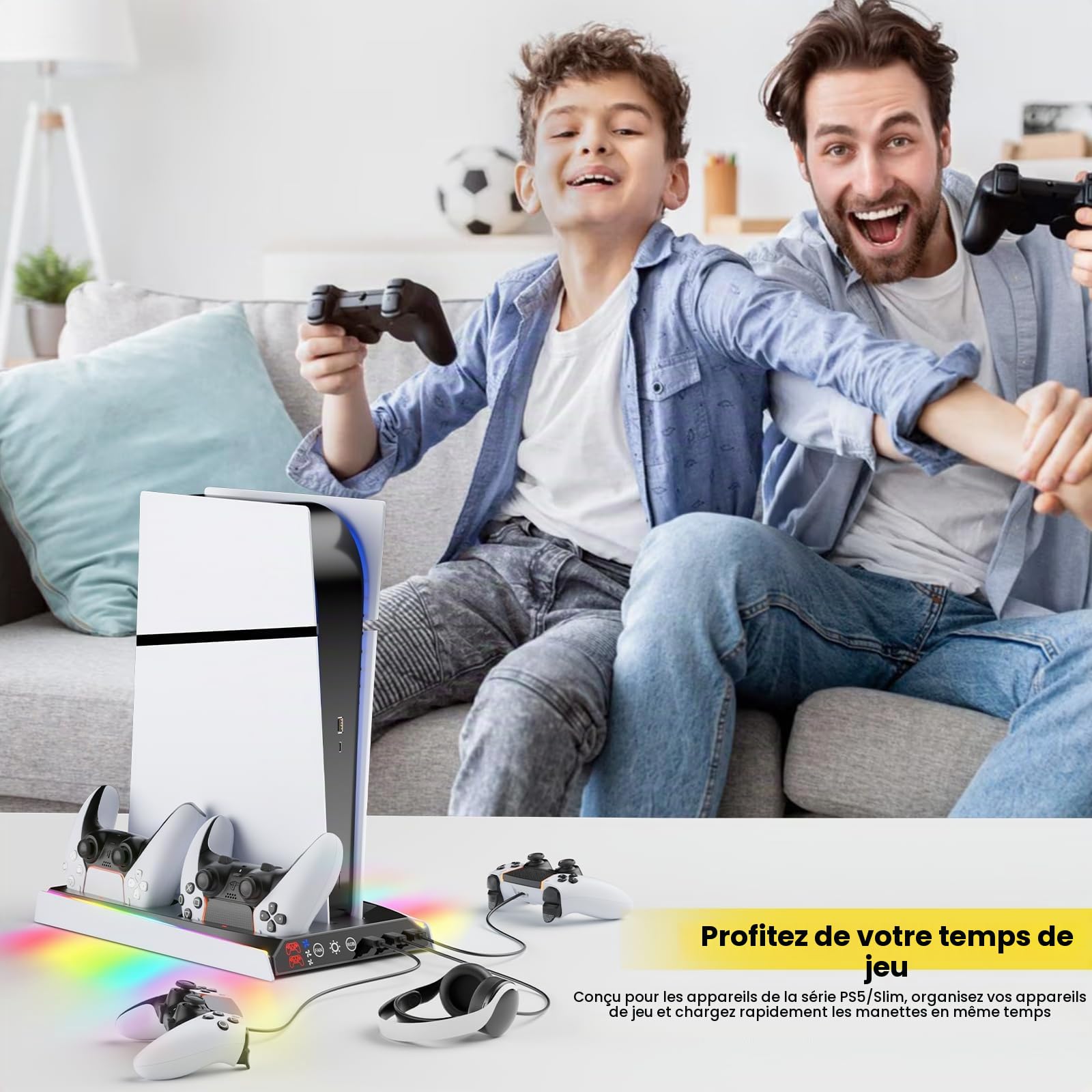 Fenolical Support PS5/Slim/Pro avec Ventilateur de Refroidissement réglable, Support de Chargeur de Refroidissement Vertical PS5 pour PS5/Slim/Pro, Station de Refroidissement Façades, Protections