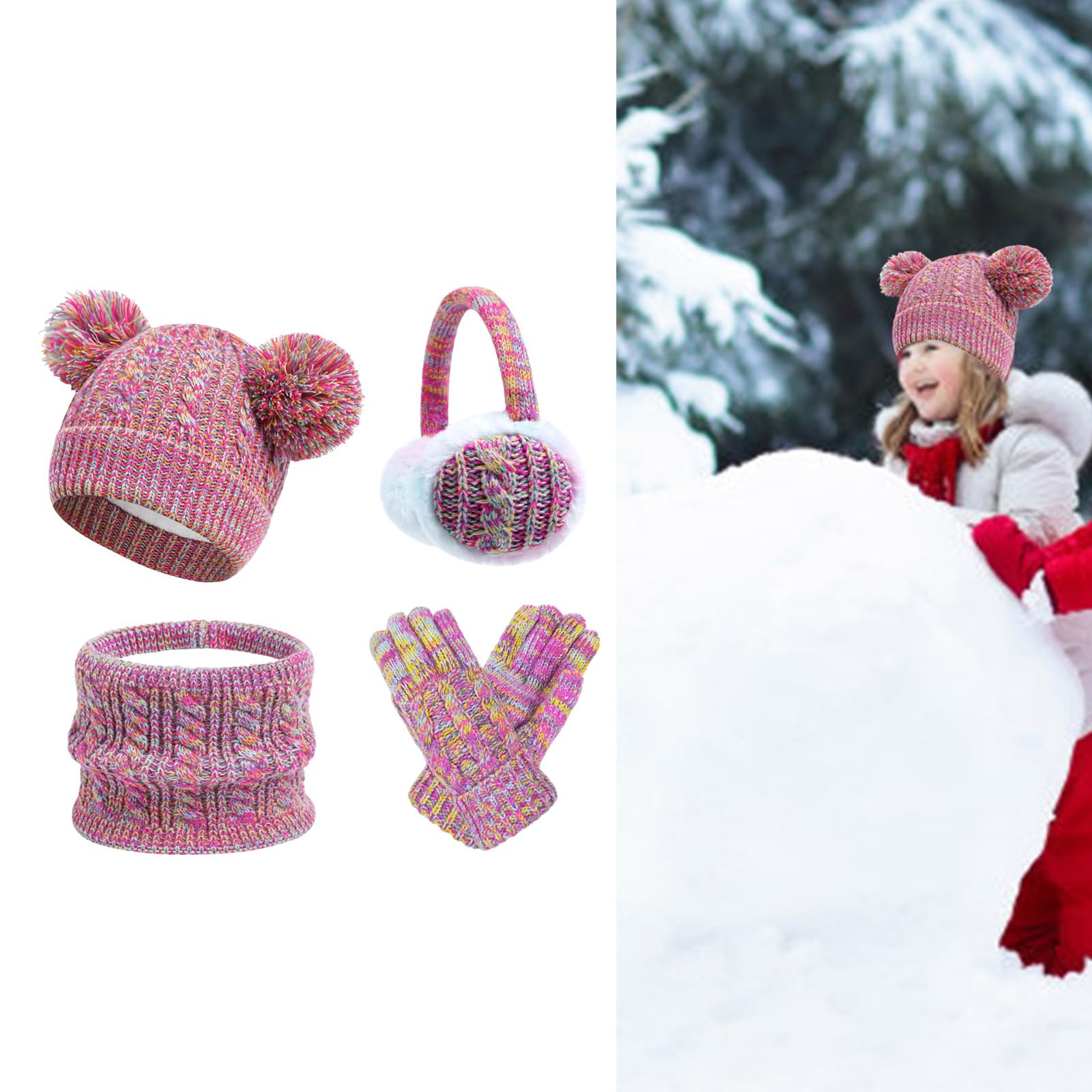 Montesy Kids Winter Accessory Set Child Hat with Gloves Scarf & Earmuffs Children Warm Winter Gears for Boy & Girls Aged 3-10
