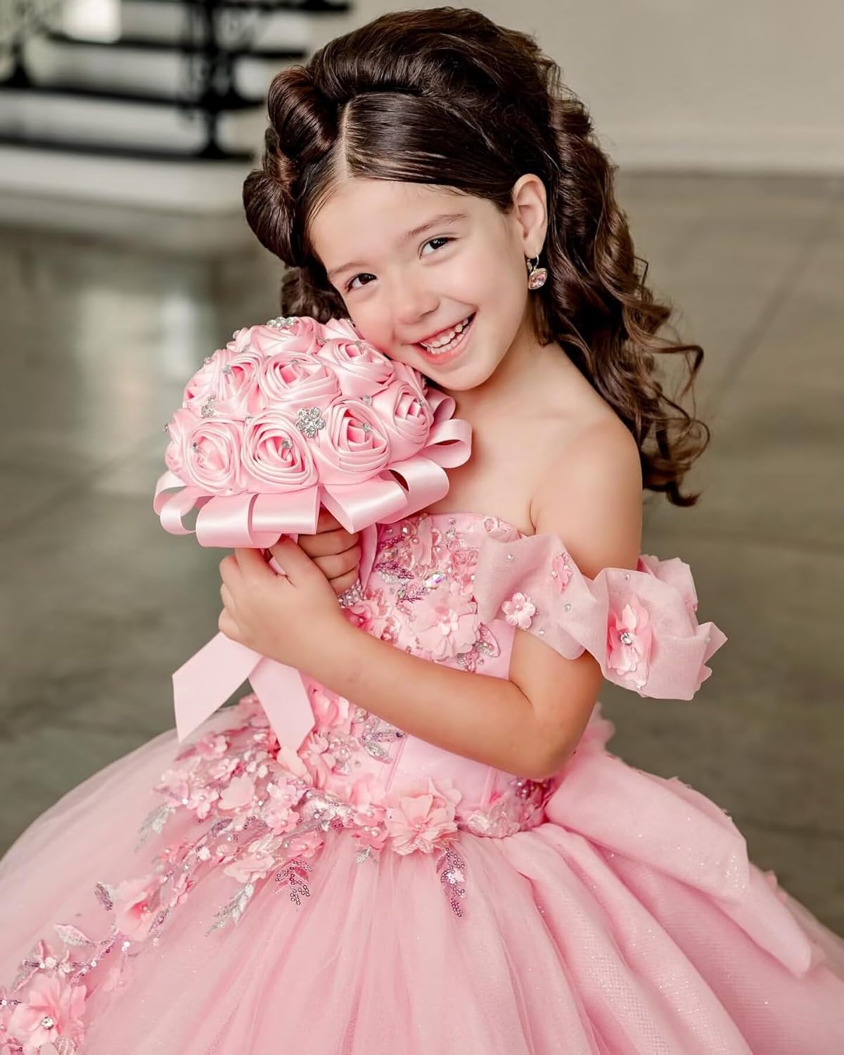XYAYE Off Shoulder Layered Flower Girl Dresses Puffy Lace First Communion Dresses Beaded Tulle Pageant Dress for Girls