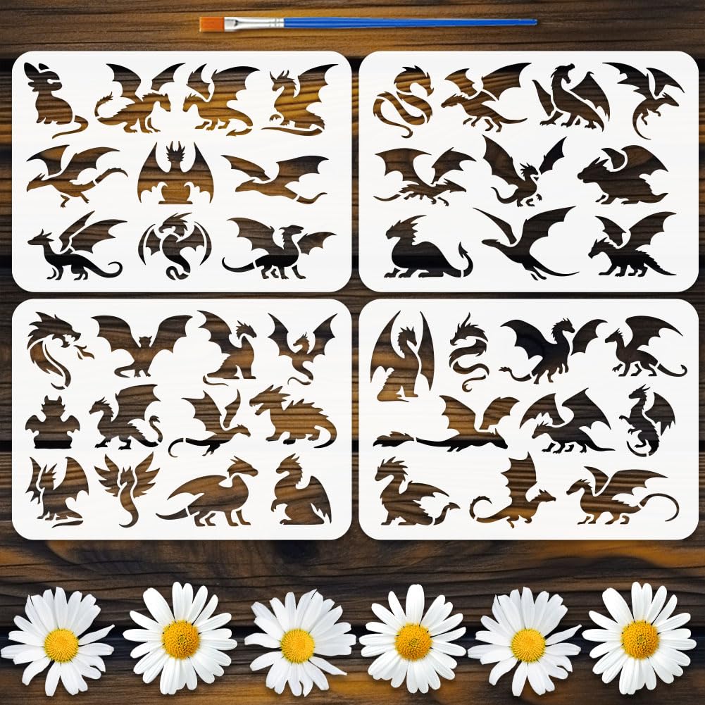 FINGERINSPIRE 4PCS Dragon Silhouette Painting Stencil with Paint Brush 21x29.7cm Reusable Dragon Pattern Drawing Template A4 Plastic PET Animal Theme Stencil for Painting on Wood Fabric Canvas