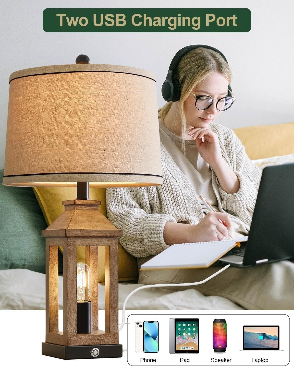 KKXXYQFC Lampada da Tavolo Touch USB-C a 3 Vie con Paralume Beige, Versatile ed estetica per camere da Letto, soggiorni e Ufficio (Nero)