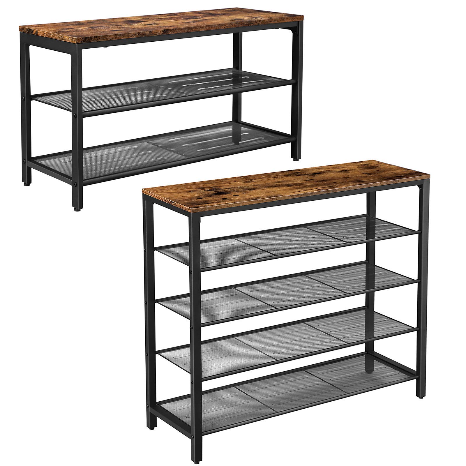 VASAGLE 5-Tier Shoe Rack and Shoe Bench Bundle, Shoe Storage Organizer with Metal Mesh Shelves, for Entryway, Hallway, Closet, Industrial, Rustic Brown and Black ULBS15BX and ULBS74X