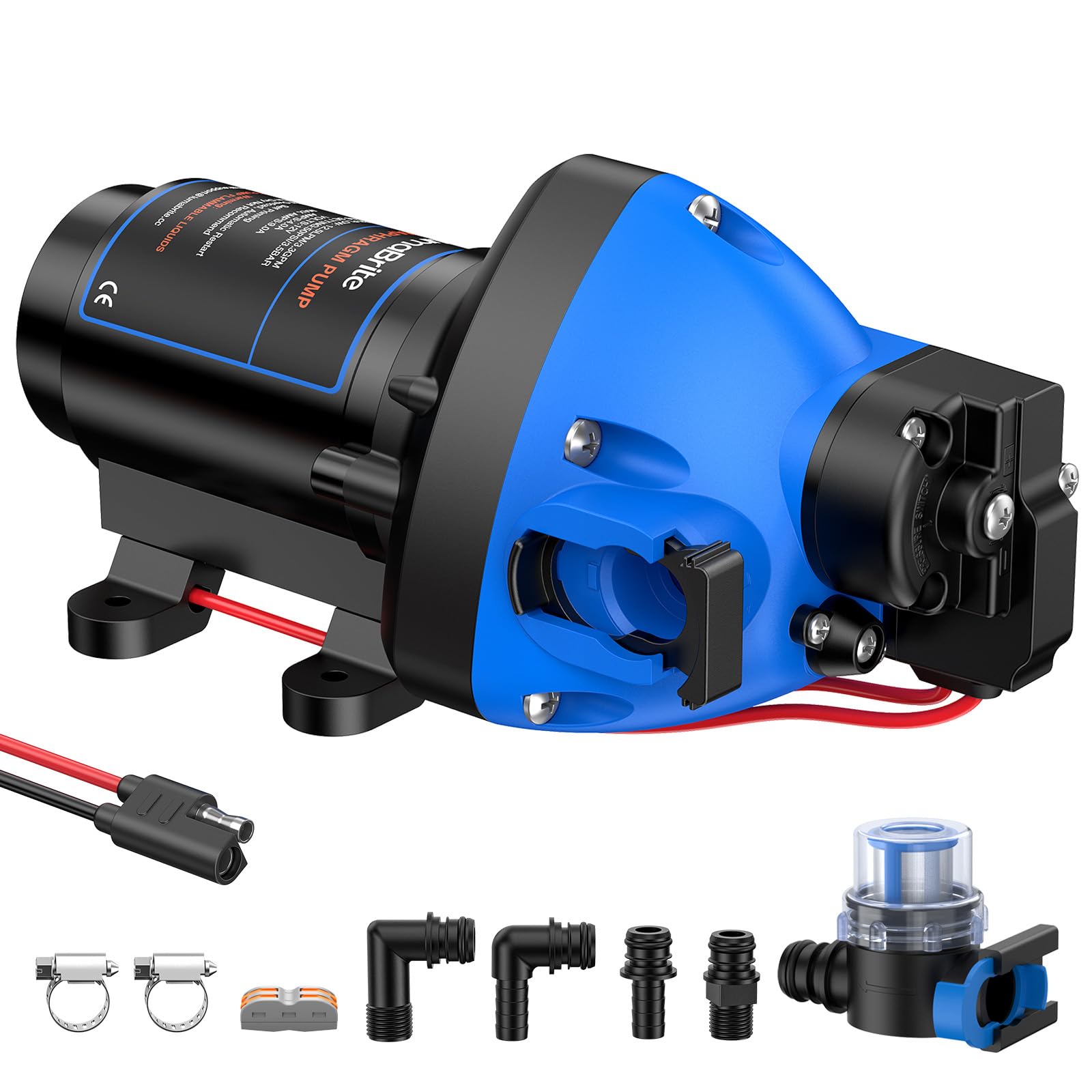Pompe a Eau 12v Camping Car, Pompe à Membrane Auto-amorçante 3.3GPM 50PSI Mise à Niveau Avec Ports de Connexion Rapide 3 Chambres, avec Pressostat pour Camping-car, Yacht, Jardin