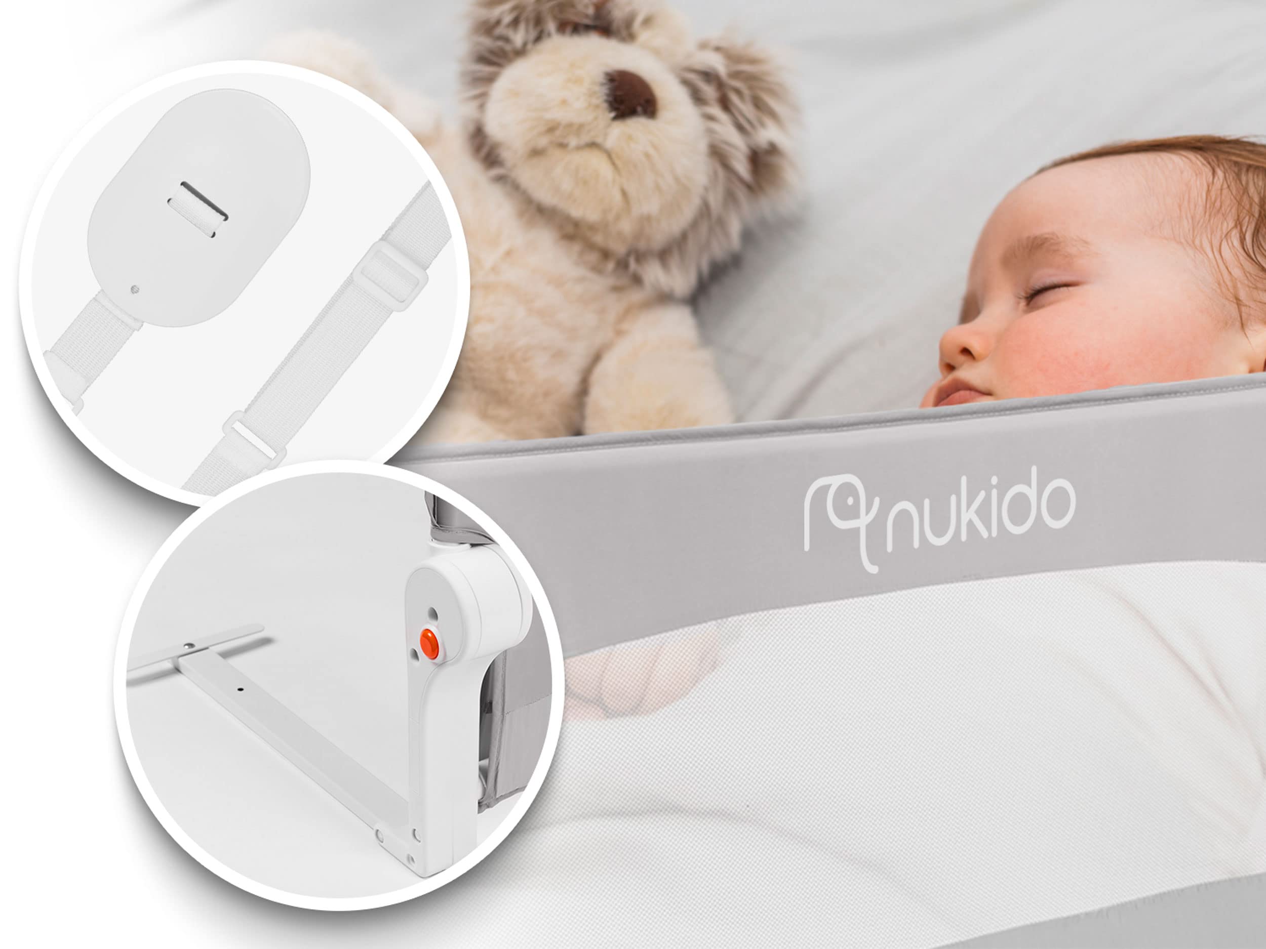 Nukido Barrera De Cama 180 x 35 x 42 cm Barandilla De Seguridad para Niños Plegable con Sistema De Bloqueo Cinturones De Seguridad Bolsillo Gris