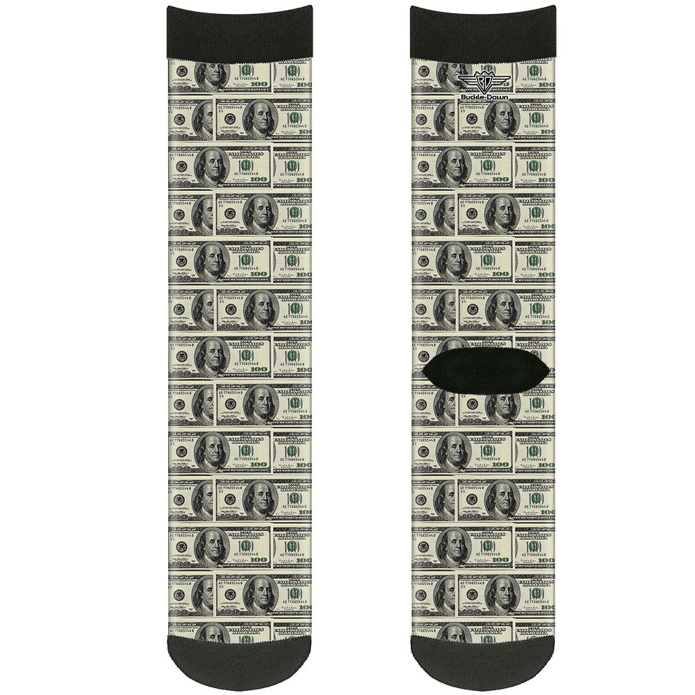 Buckle Down Men's Socks 100 Dollar Bills Crew Backpacks, Multicolor