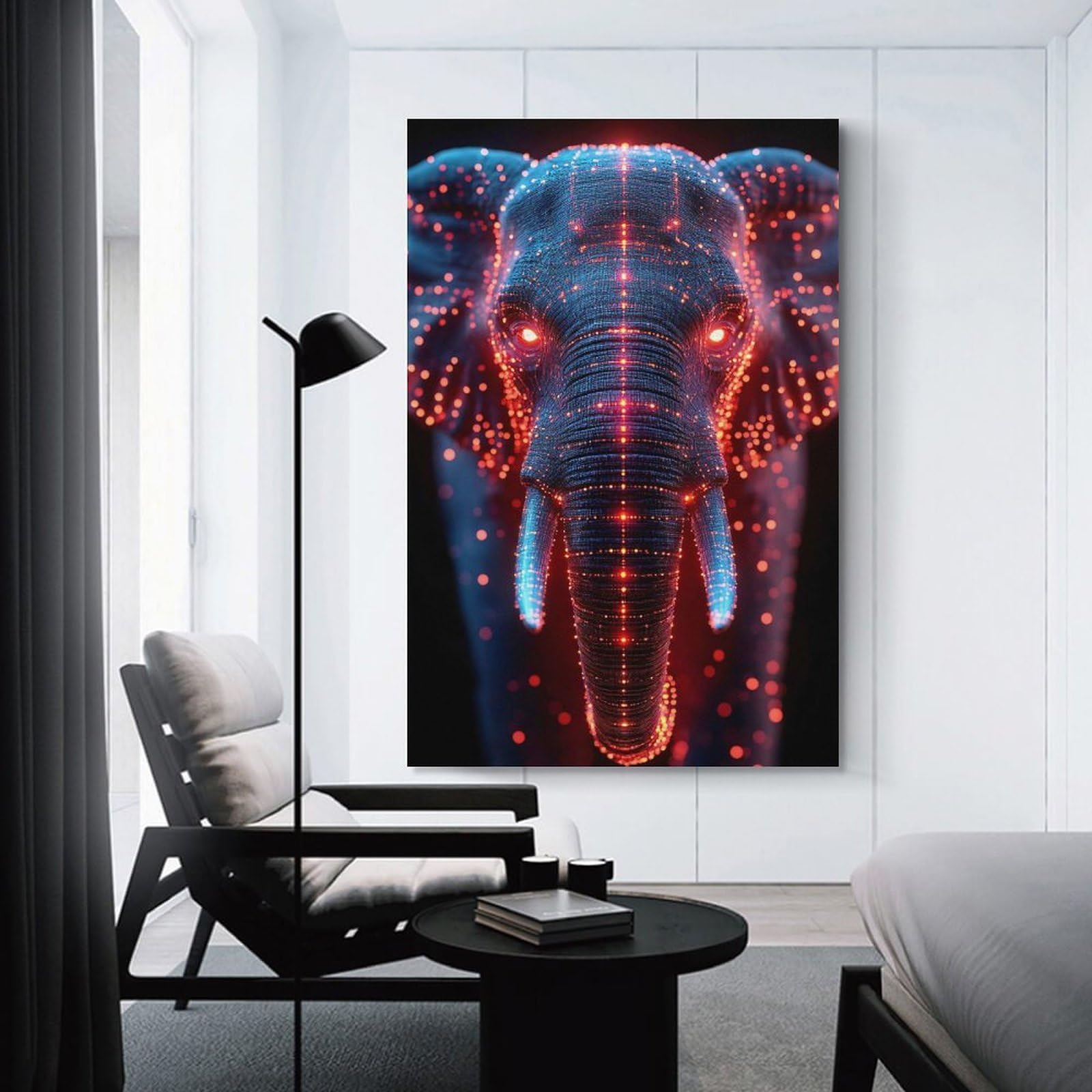 Junmoney Cyberpunk Elephant with Glowing Lights Wall Art Print, 24x36inch(60x90cm), for Bedroom Walls, Guest Spaces Or Lounges, Home Artwork with A Soft Interior Feel