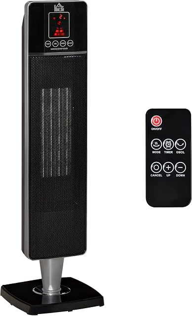 HOMCOM Protable Tower Heater with 2 Heat Setting 1000W/2000W and Ceramic Fan, Electric Space Heater with Oscillating Remote Control 8hrs Timer Tip-Over Overheat Protection, Black