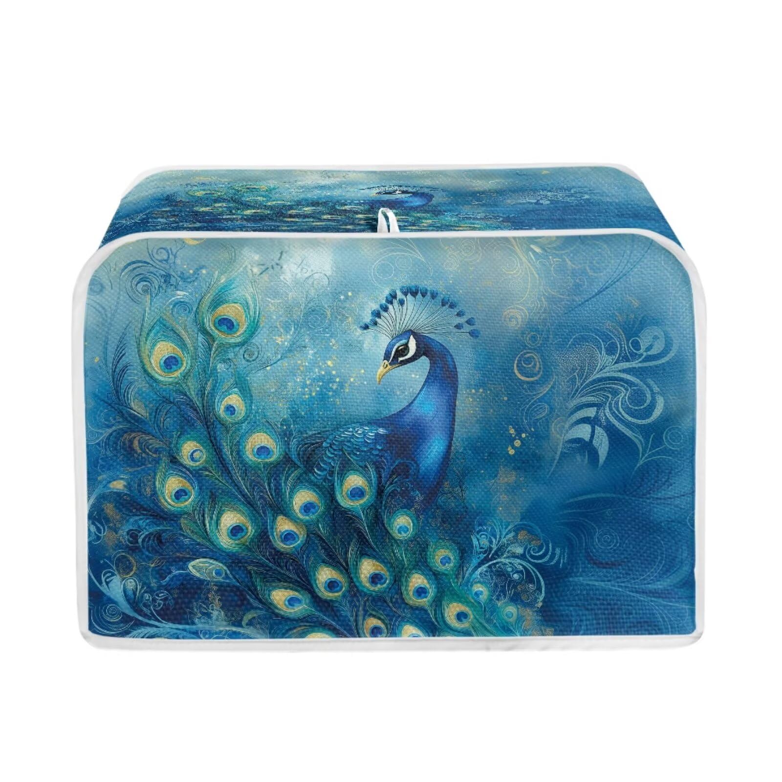 Talayituse Blue Peacock Print Toaster Cover 4 Slice Wide Slot, Lightweight Dust Protection Washable Appliance Bag Bread Maker Cover, M