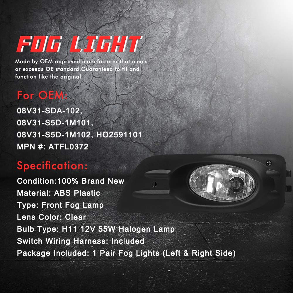 Driving Fog Lights Lamps Replacement for Honda Accord Sedan 4 Door 2006 2007 with H11 12V 55W Halogen Bulbs & Switch and Wiring Kit (Clear Lens)