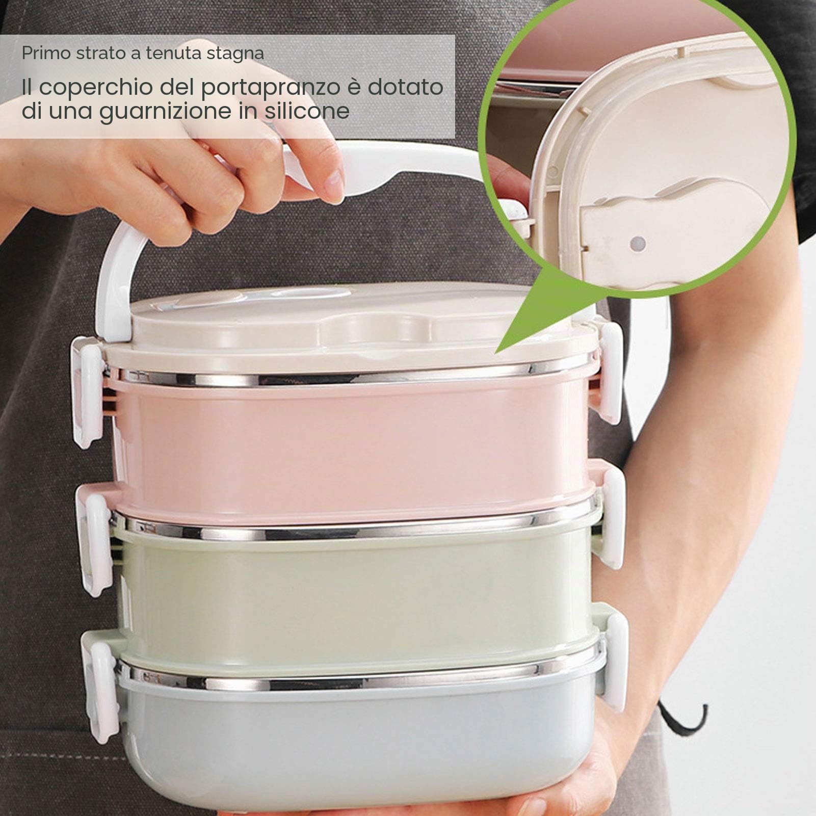 Portapranzo termico acciaio inox 304, 3 strati, design nordico | Contenitore con chiusura di sicurezza,材质 in polipropilene alimentare, manico nascosto portatile, ideale per scuola e uff