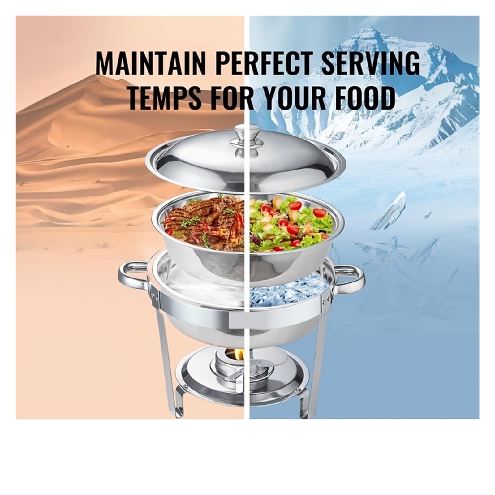 Set di Riscaldavivande per Buffet Chafing dish rotondo in acciaio inox, set scaldavivande for buffet, catering, con teglia for cibo e for acqua, coperchio, supporto solido contenitore for combustibile