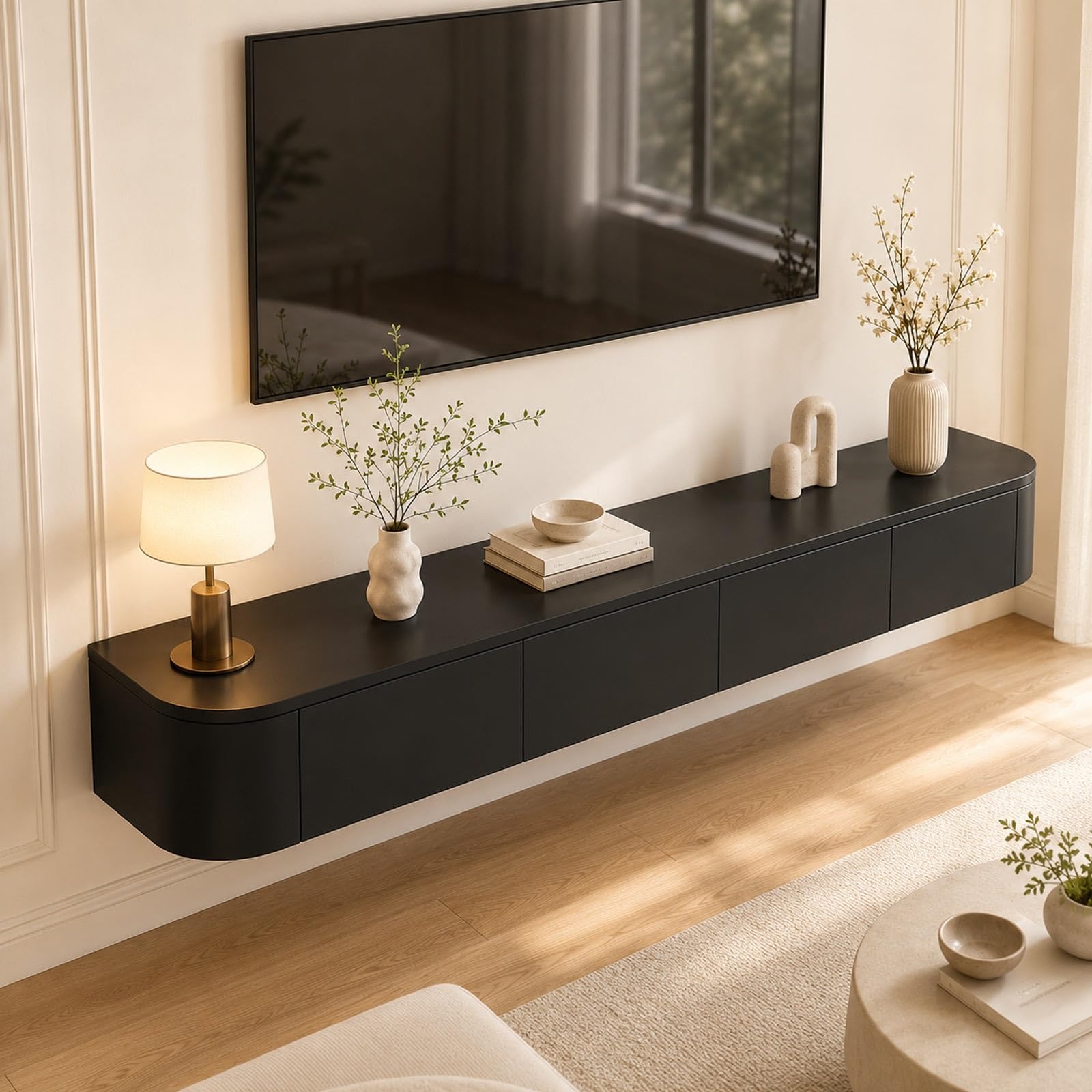 Meuble TV flottant avec rangement suspendu gain de place et passe-câbles