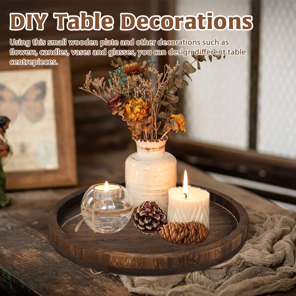 Threns Round Wood Tray Decorative Coffee Table Tray Wood Beaded Tray Serving Tray For Kitchen Dining Room,11.8
