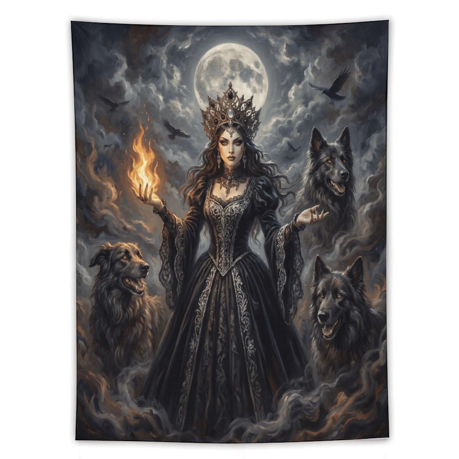 H3B8U2Y5 Wolf Goddess Sacred Fire Wall Tapestry, Oil Painting Style