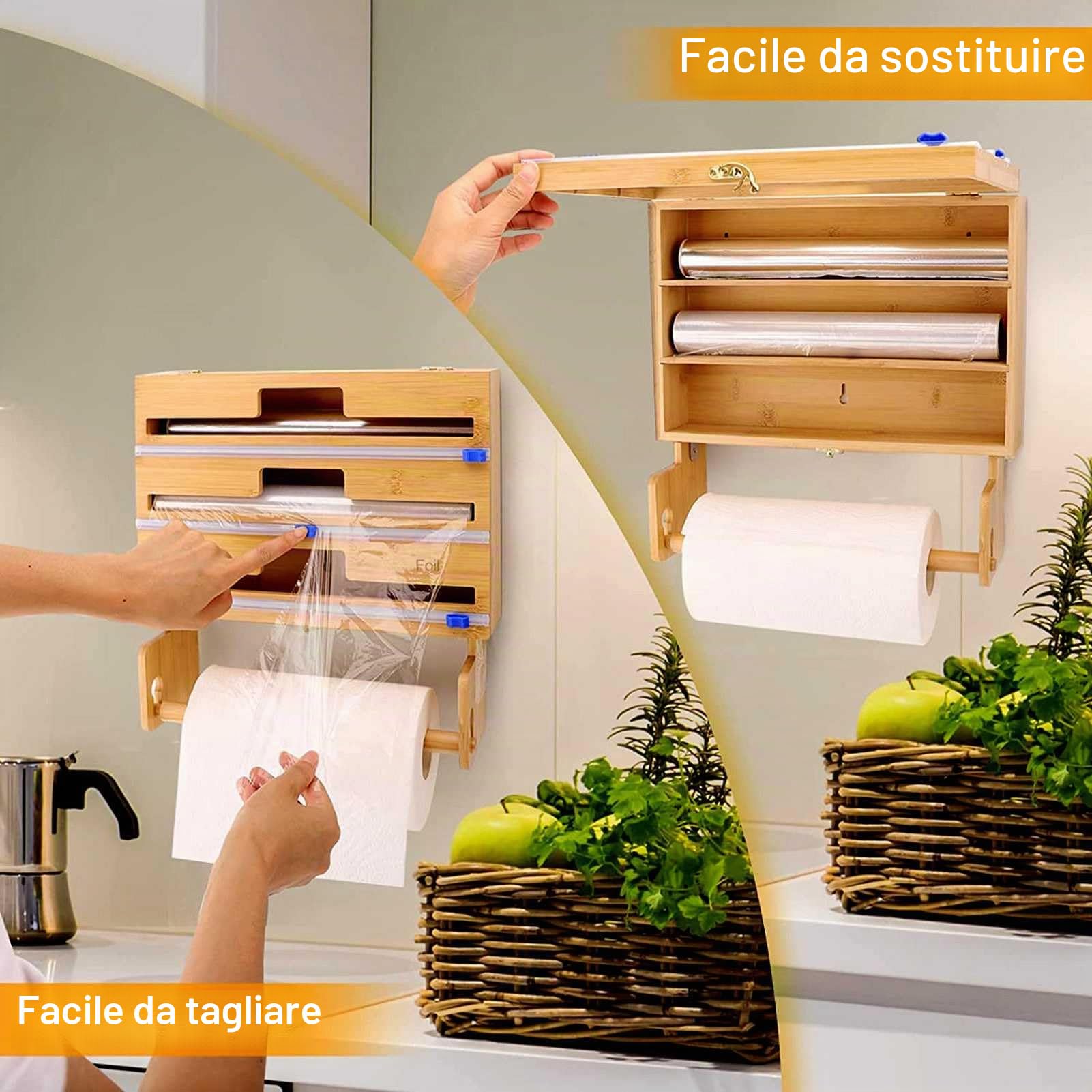Dispenser e taglierina 4 in 1 per pellicola trasparente, pellicola trasparente, foglio di alluminio e carta cerata, organizer da cucina per 12 rotoli, compatibile con cassetti da parete, porta rotolo