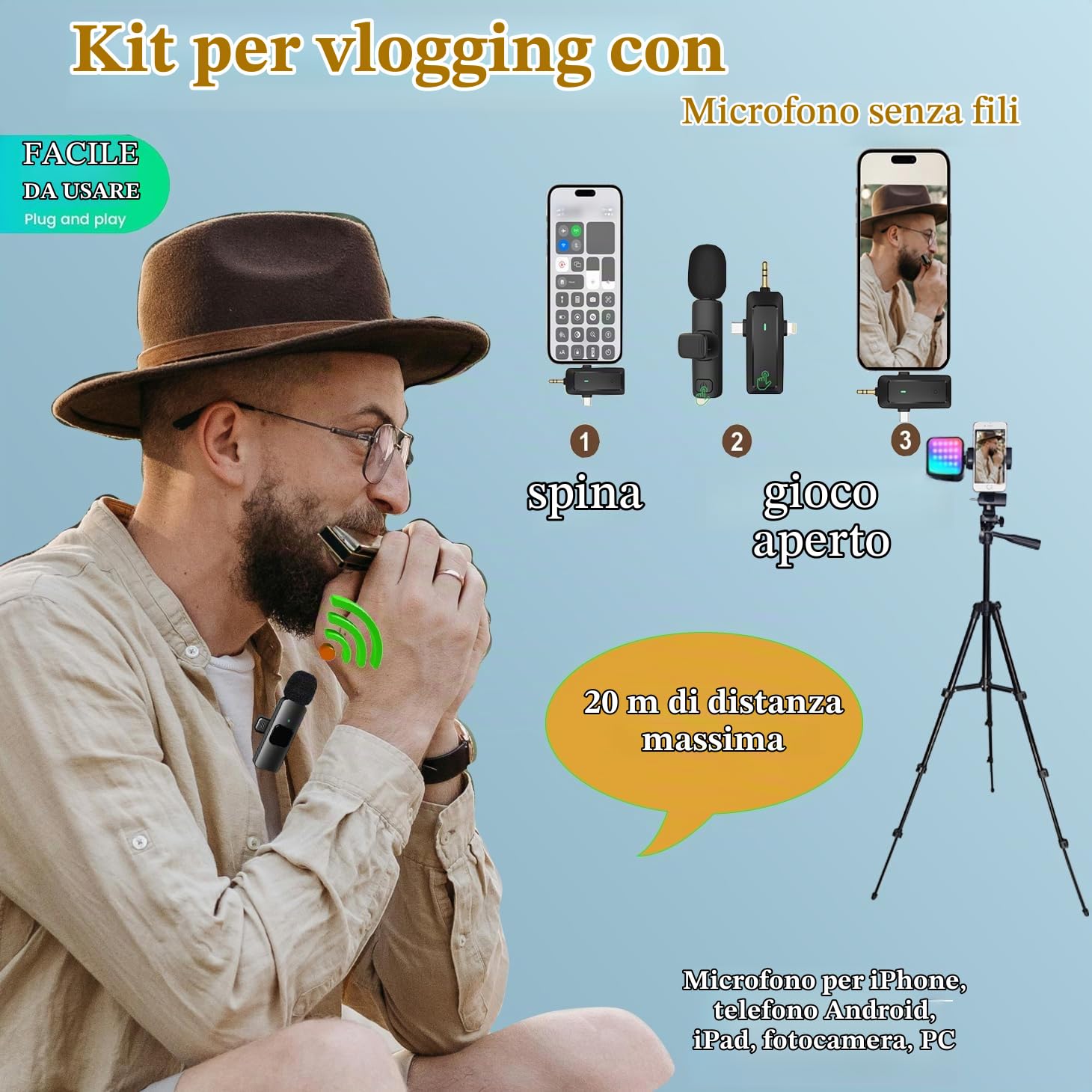 Vlogging Kit, Kit di Vlogging, Supporto per Cellulari, Treppiede Compatibile iPhone Android Fotocamera, per Tiktok, Youtube, w/Microfono wireless/RGB Luce/Remoto/Tripiede Estensibile