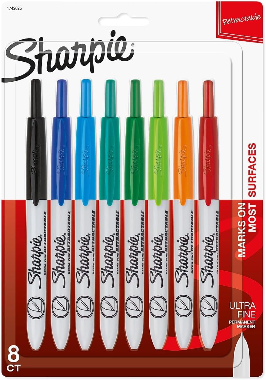 SHARPIE Retractable Permanent Markers, Ultra Fine Tip, Assorted, 8/Pack (1742025)