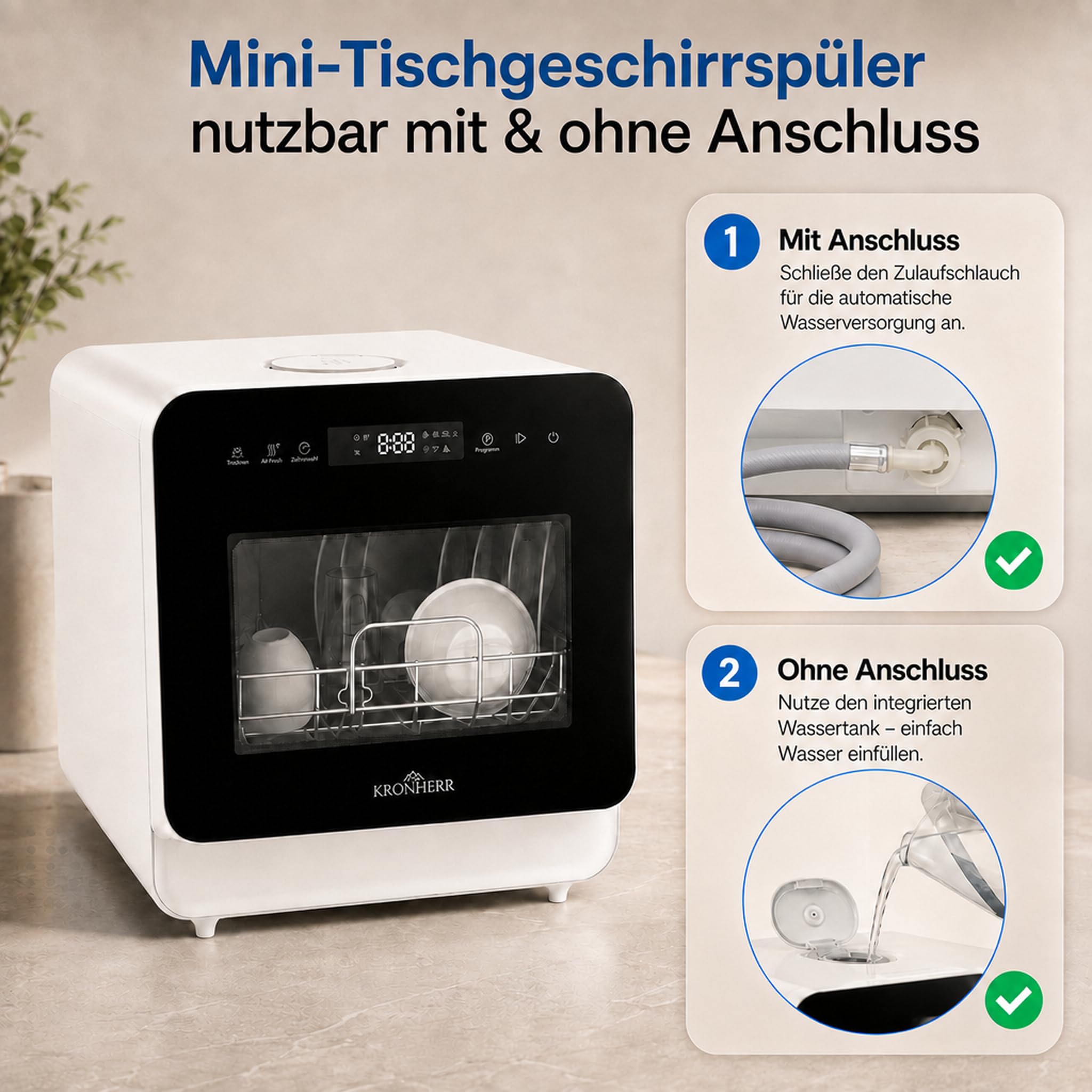 TurboTop Compacta Mini‑Tischgeschirrspüler 5L mit Tank, Weiß mit schwarzer Glasfront – Touch‑Display, 6 Programme (inkl. Trocknen) + Air‑Fresh, Startzeitvorwahl, Sichtfenster, Geschirrkorb