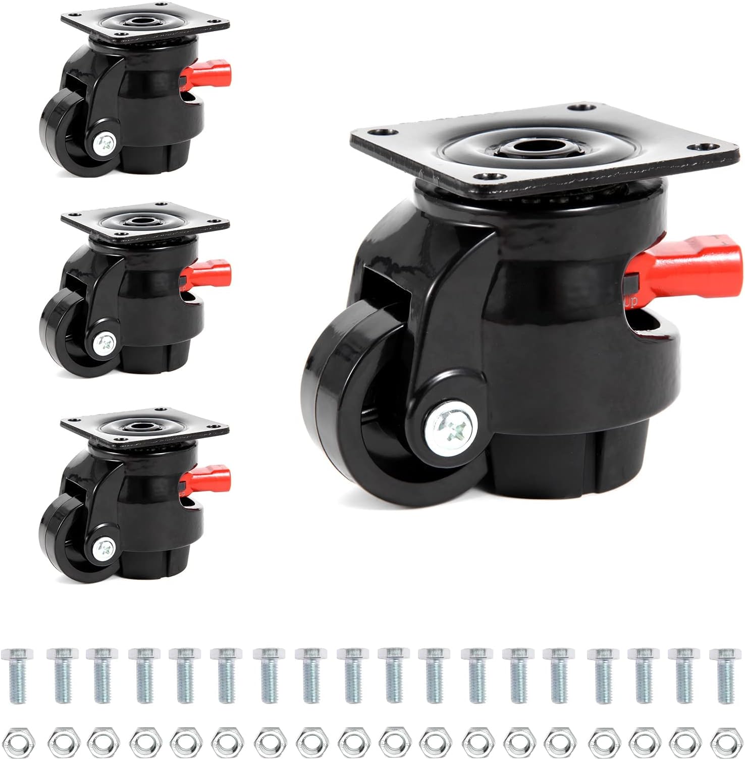 Nefish Heavy Duty Leveling Machine Casters 2200 LBS, Upgraded Ratchet Arm Design Leveling Retractable Castors Set of 4, Aluminum Base & Industrial Grade Rubber Workbench Caster for Industrial, Machine