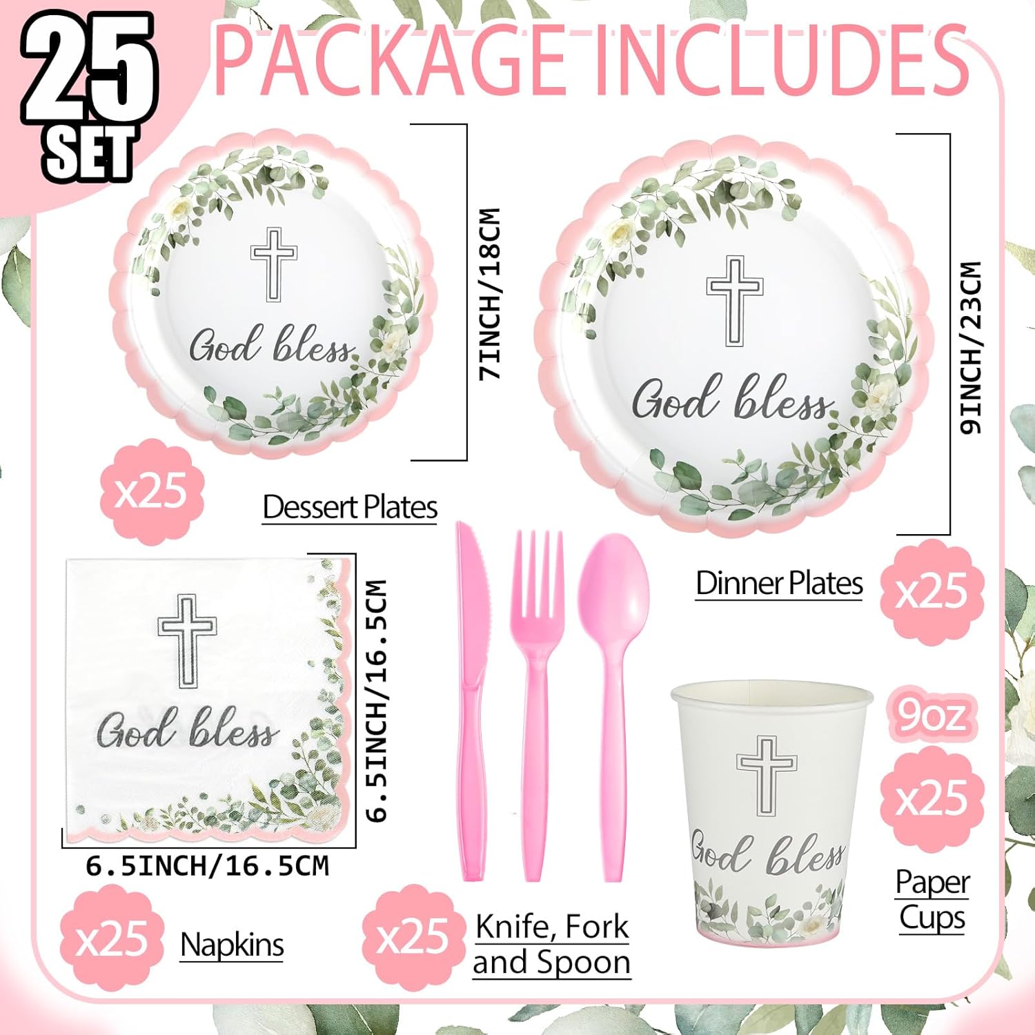Willinglong 175 Pcs God Bless Baptism Decorations Tableware Disposable First Communion Paper Plates Napkins Cups Cutlery Baptism Party Decoration for Christening Celebration Baby Shower(Pink)