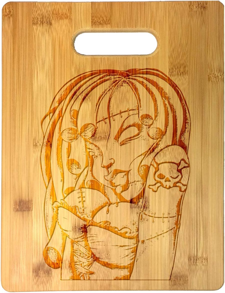 Sexy Zombie Scary Big Boobs Hot Babe Chick Skull Cross Bones Tattoo Laser Engraved Bamboo Cutting Board - Wedding, Housewarming, Anniversary, Birthday, Father's Day, Gift