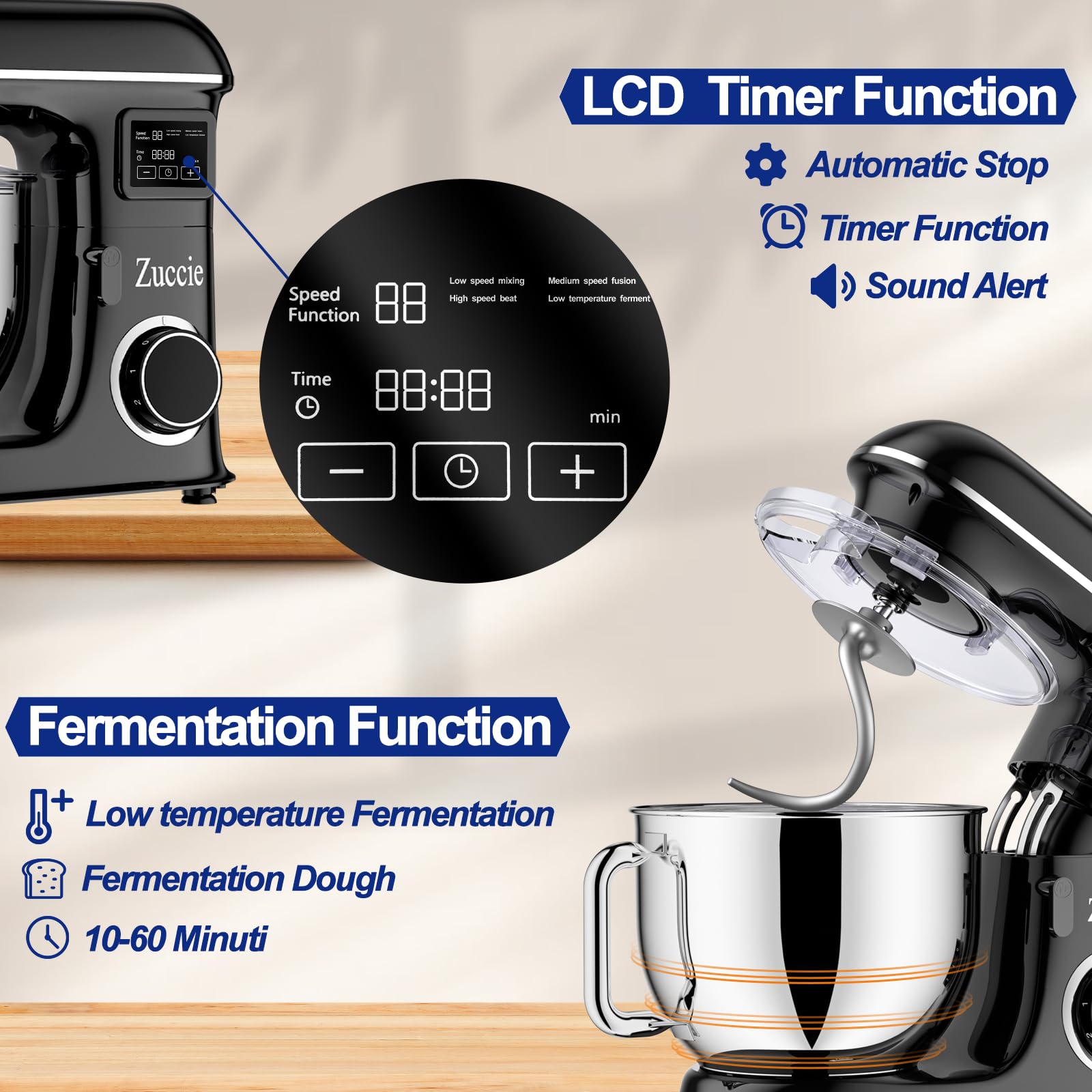 Planetaria 1500W 8L Impastatrice Planetaria Robot da Cucina 6 Velocità Fermentazione e LCD Temporizzazione Multifunzione Impastatrice Professionale