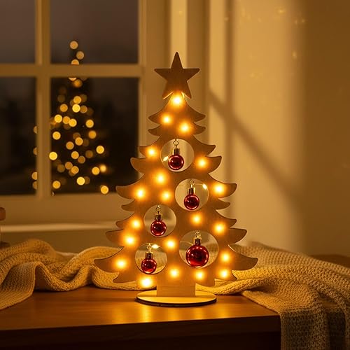 Miniatura 4 de Geelin Decoración de mesa de árbol de Navidad de madera de 12 pulgadas con luces y bolas de Navidad, adornos rojos de Navidad de mesa para chimenea