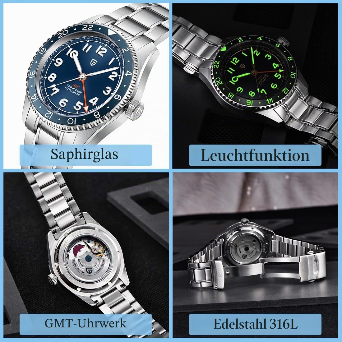 Pagani Design Herrenuhr Automatik NH34 Uhrwerk Mechanische GMT Uhr 40mm Edelstahl Leuchtende Lünette Klassische Taucheruhren Herren