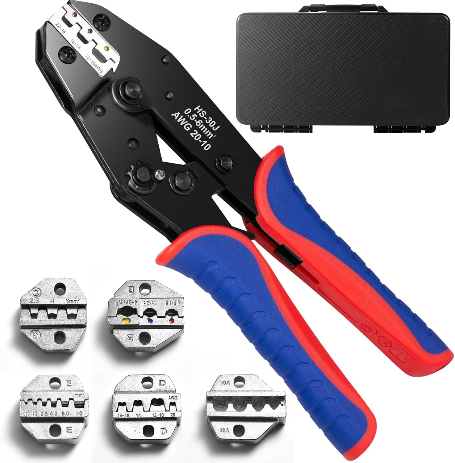 Crimping Tool Set, Ratchet Wire Crimper Tool For Heat Shrink, Insulated Nylon,Non-Insulated,Ferrule Wire End, Open Barrel Terminals, Solar Connectors - Crimper with 6 Interchangeable Die