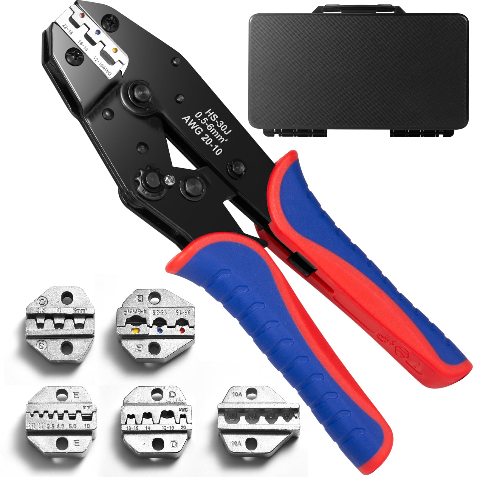 Crimpzange Set 6-tlg, Wechselbacken und Ratschen-Krimperzange | Für Schrumpfschläuche, isolierte Nylonkabel, nicht isolierte Kabel, Aderendhülsen, offene Kabelschuhe, Solar/PV Stecker