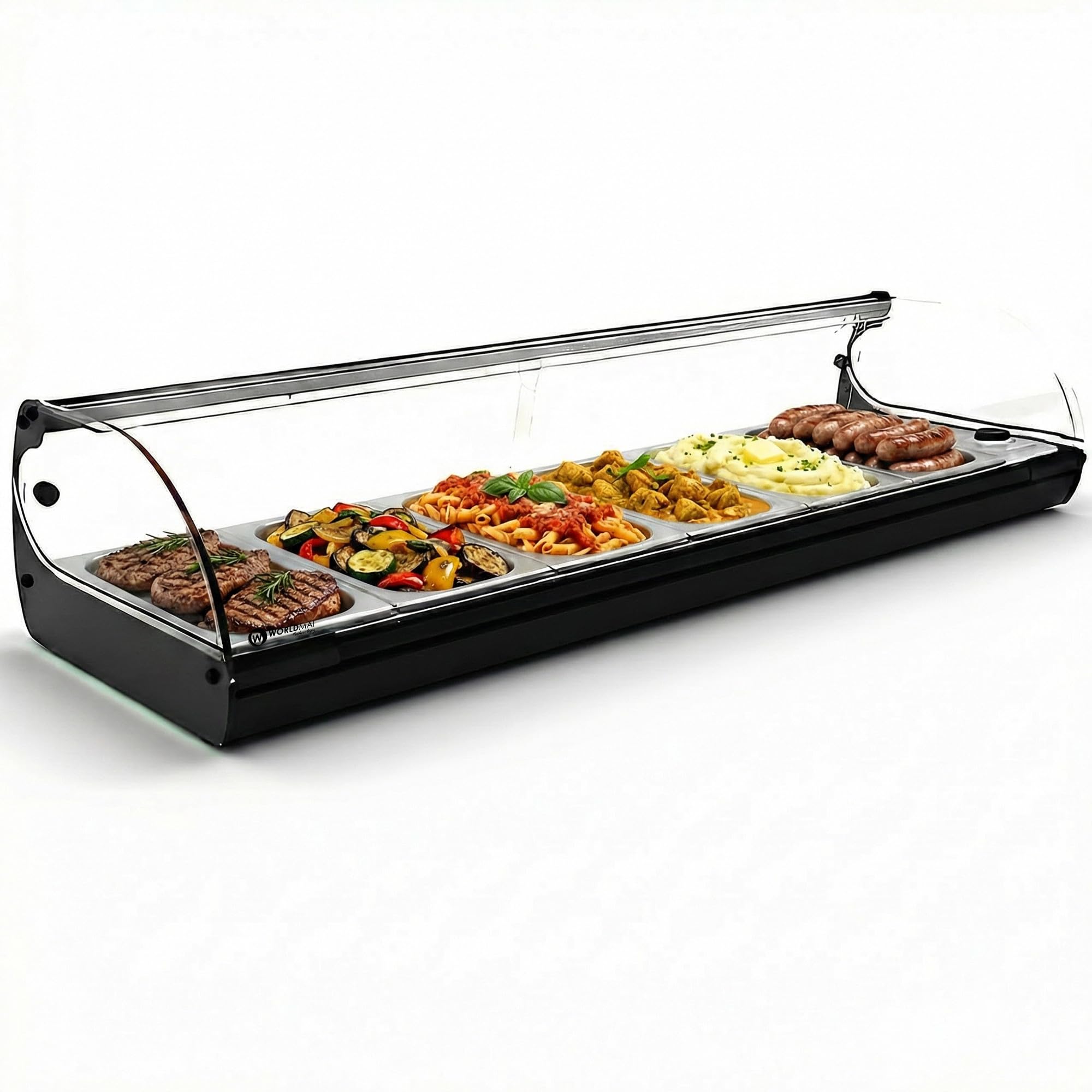 WORLDMAI x SAYL Heizvitrine für Deckel, 119 x 40 cm und 6 GN 1/3 Eimer für Gastronomie. Professioneller Tischaufsteller für Wasserbad, ohne LED-Beleuchtung, für Bar und Restaurant.