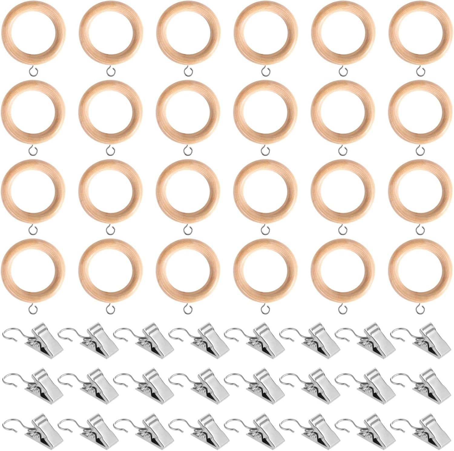 48 Pcs Curtain Rings with Clips Set, 1.81 in Wooden Rings and 2.76 in Clips, Farmhouse Style, Includes Metal Hooks, Wood Color Silver
