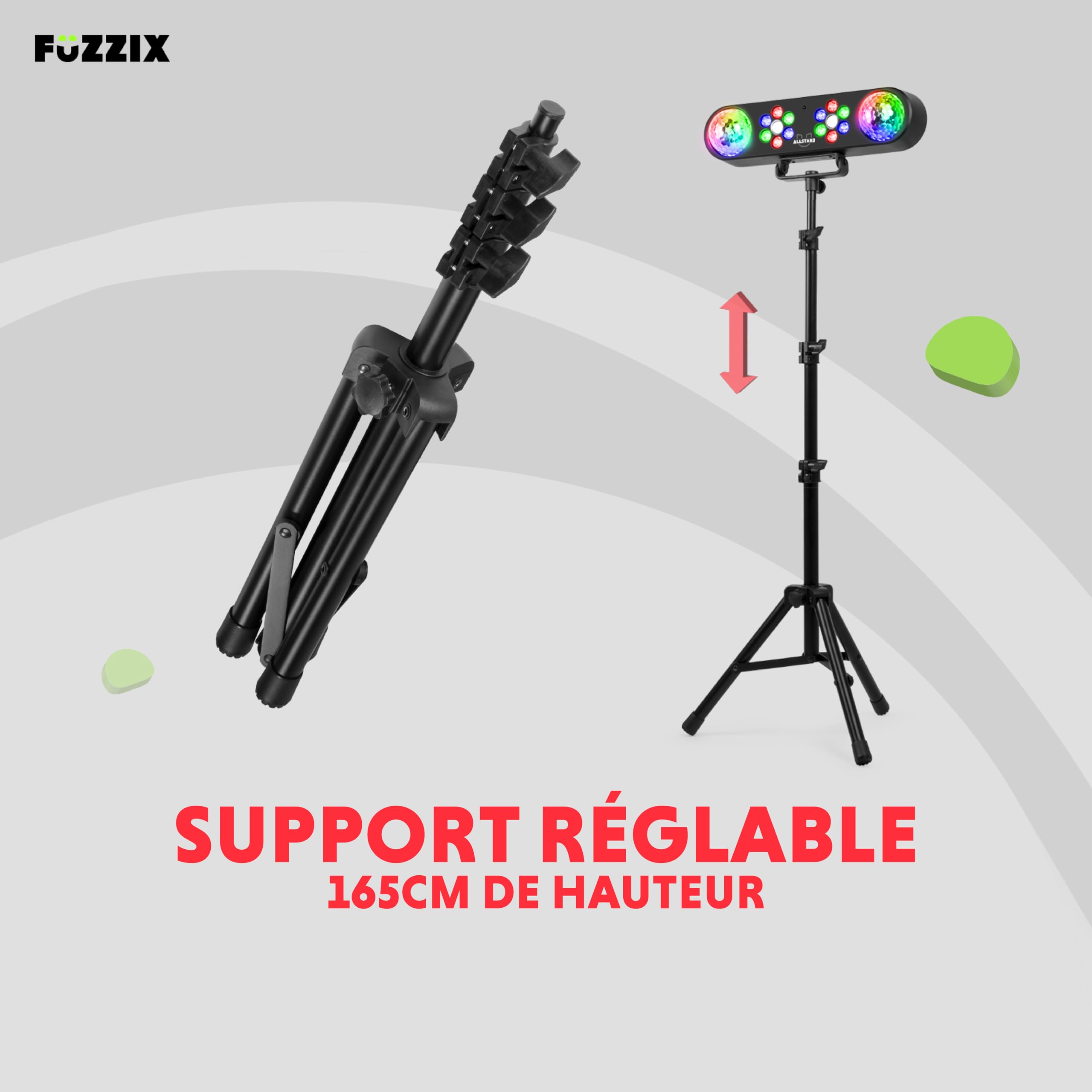Fuzzix ALLSTAR2 Party Light PAR LED sur Trépied, Jeux de Lumière DJ, Hauteur 165cm Max, 2 Projecteurs Wash, 2 Jelly Balls, Mode Automatique ou Détection du Son, Idéal pour Animer vos Soirées