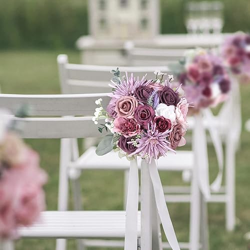Miniatura 6 de LELEE Flores artificiales a granel para decoración de boda, flores falsas de seda púrpura polvoriento, rosas falsas de seda para ramos de boda,