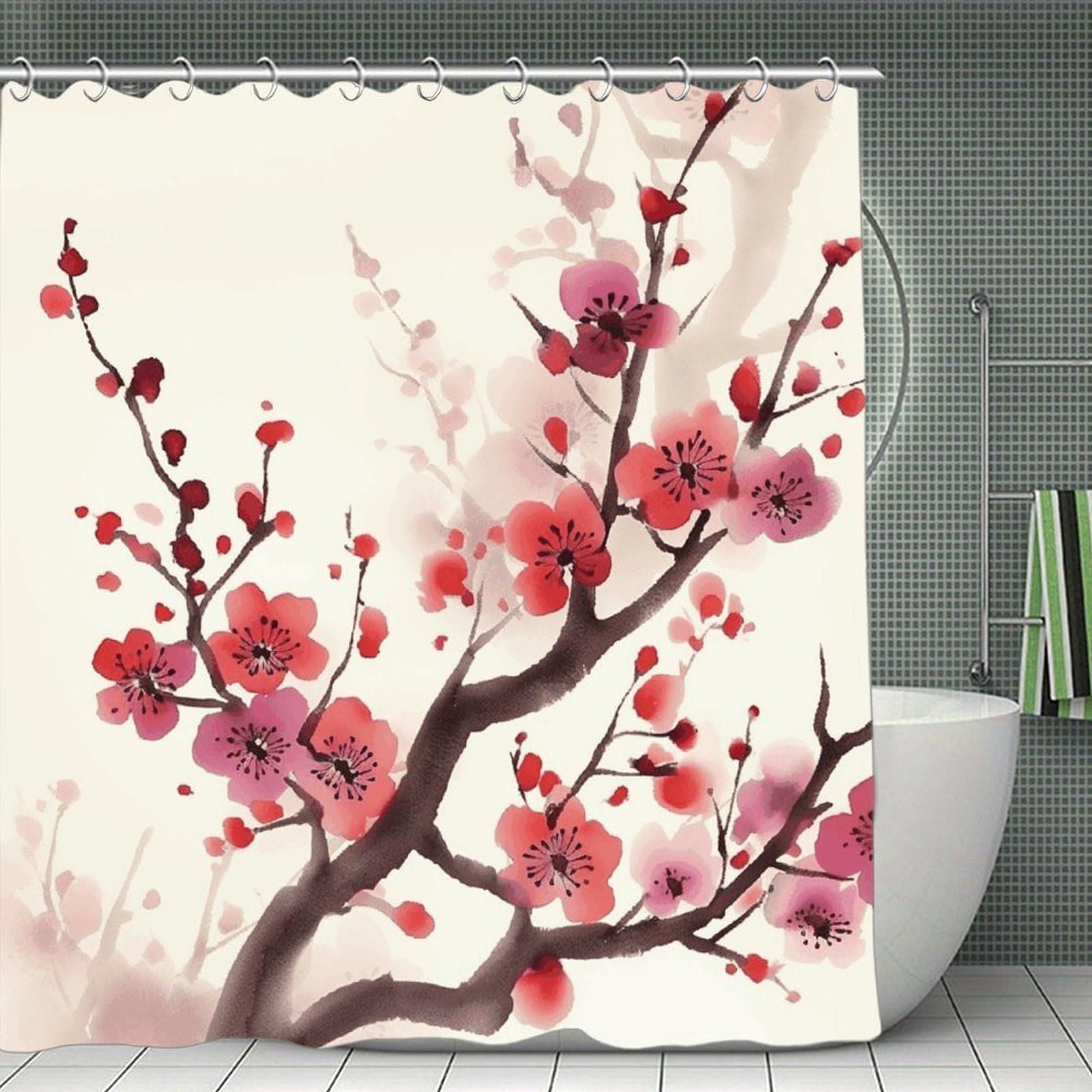 VstaDank Japanese Spring Plum Floral Shower Curtain Waterproof Bathroom Curtain with Hooks Luxury Weighted Bath Curtains for Bathtubs Showers Room Dividers Decorative Shower Curtains 71x71 in