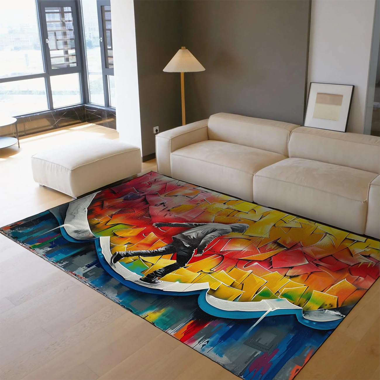 Tapis de salon 90x150cm coloré avec motif skateboarder et blocs graffiti