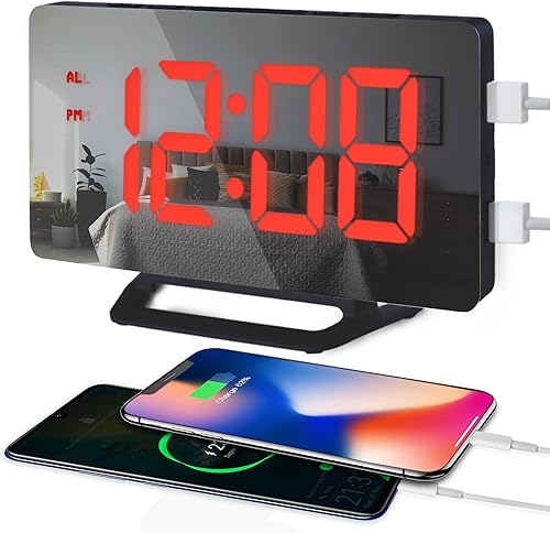 Reloj despertador digital para dormitorio reloj despertador de espejo de pantalla grande con puertos de cargador USB duales reloj de escritorio