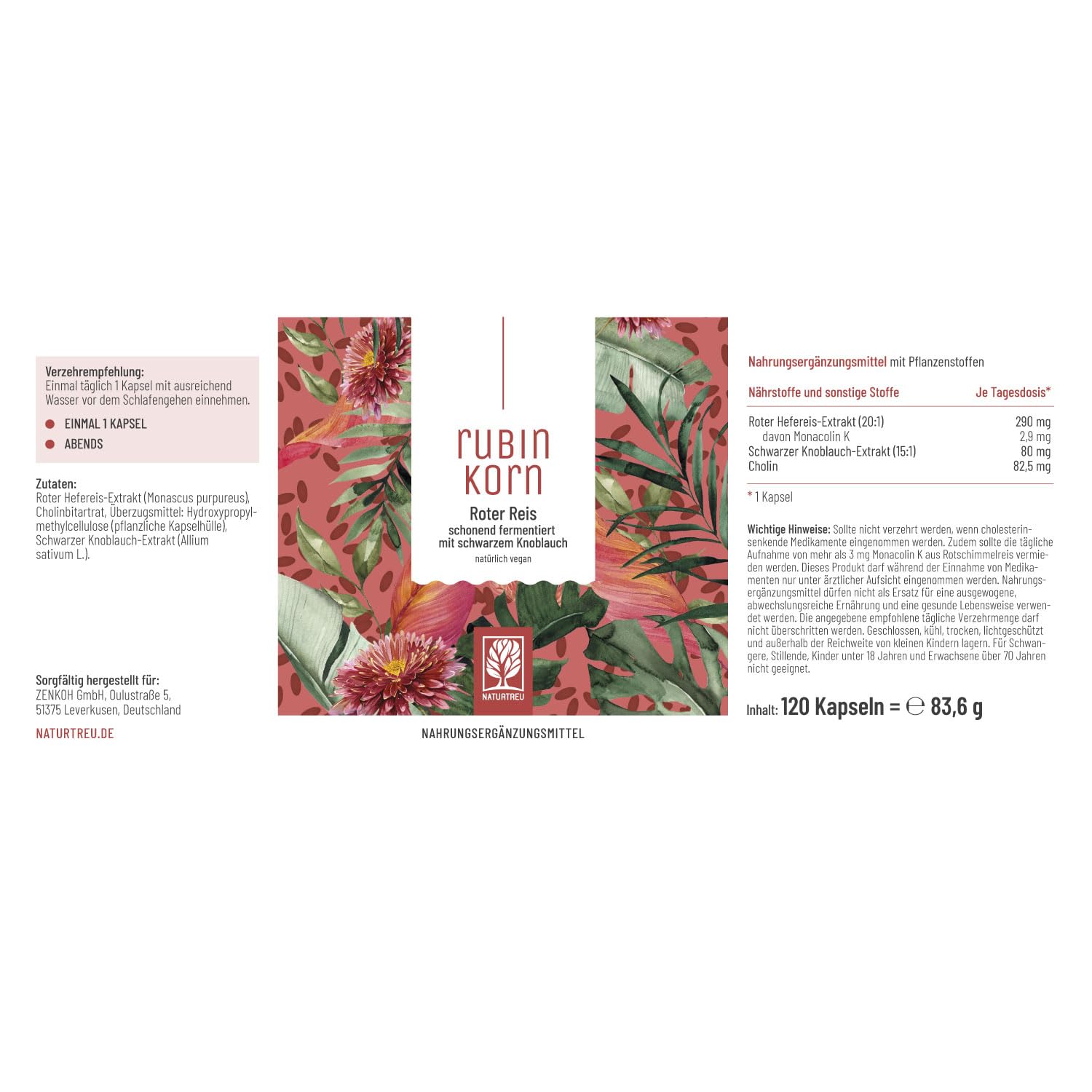 NATURTREU® Roter Reis Komplex abgerundet mit schwarzem Knoblauch Extrakt - 2,9 mg Monacolin K pro Tagesdosis - mit Cholin für normale Leberfunktion - Fermentierter Roter Reis - 120 Kapseln
