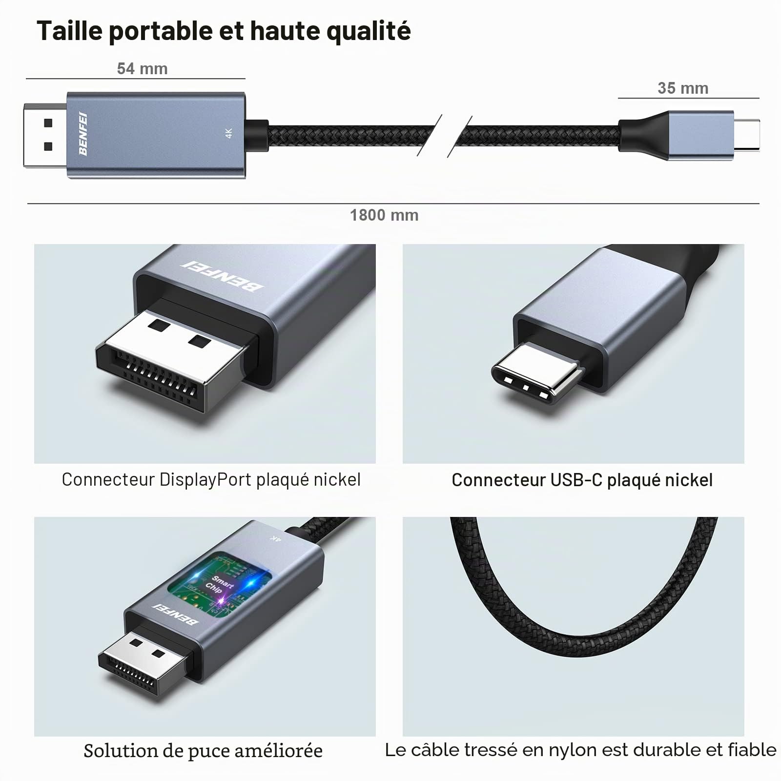 BENFEI Câble USB C vers DisplayPort 8K@60Hz 4K@144Hz, Thunderbolt 3/4 vers DisplayPort mâle à mâle Cordon, compatible avec la série iPhone 16/15, Boîtier en Nylon et Aluminium-1.8M