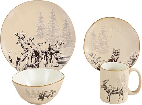 Paseo Road by HiEnd Accents - Juego de vajilla de cerámica de 16 piezas de pino blanco, oso, ciervo, alce, zorro, moderno, rústico, cabaña, con