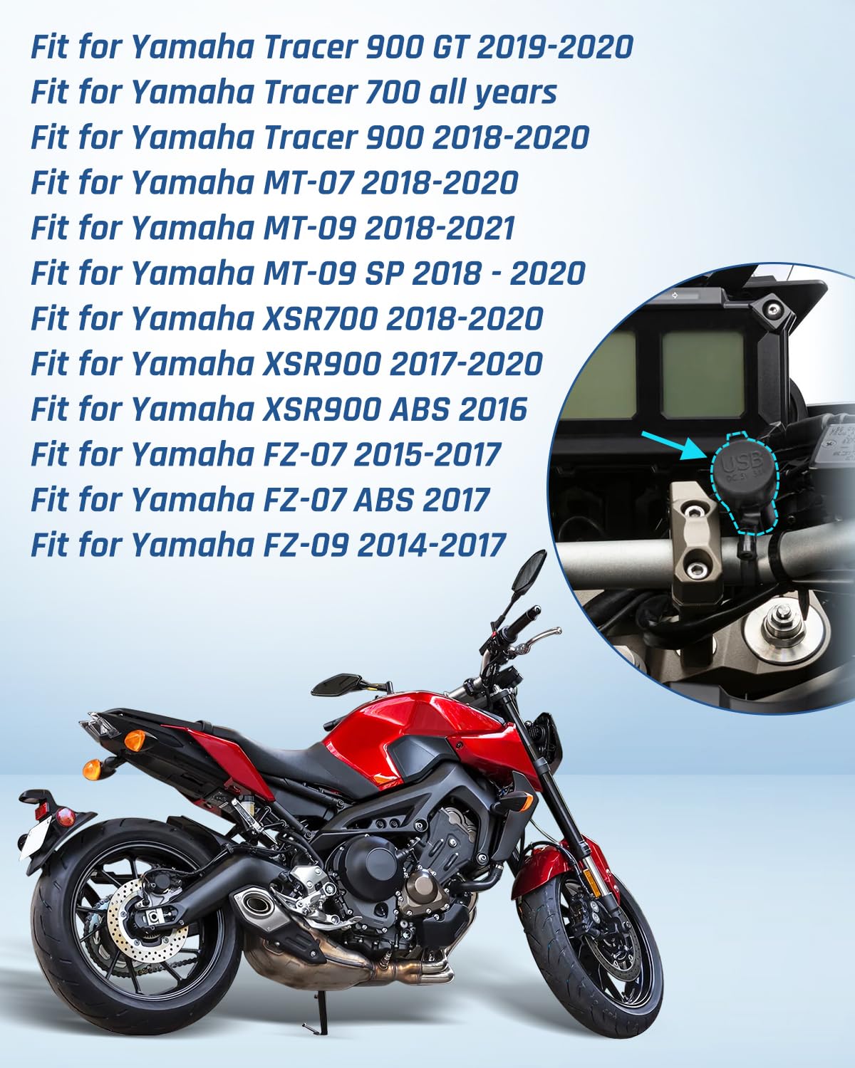 12V Motorcycle Double USB Charger Adapter Fit for Yamaha FZ-07 FZ-09 MT-07 MT-09 Tracer XSR700 XSR900 Motorcycle Accessories Black with Bolt