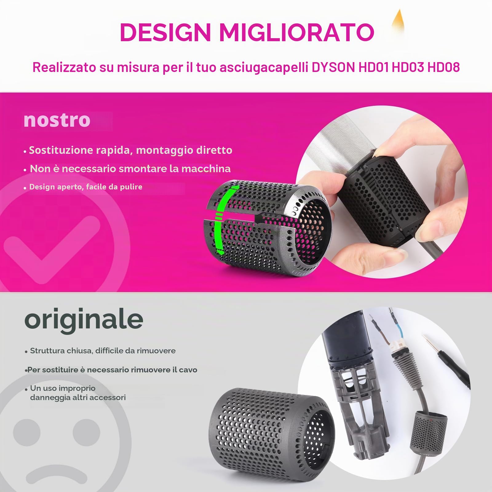 Filtro asciugacapelli migliorato di ricambio per Dyson Supersonic, filtro interno + filtro esterno compatibile con HD01 HD03 HD08 accessori di riparazione (grigio metallico)