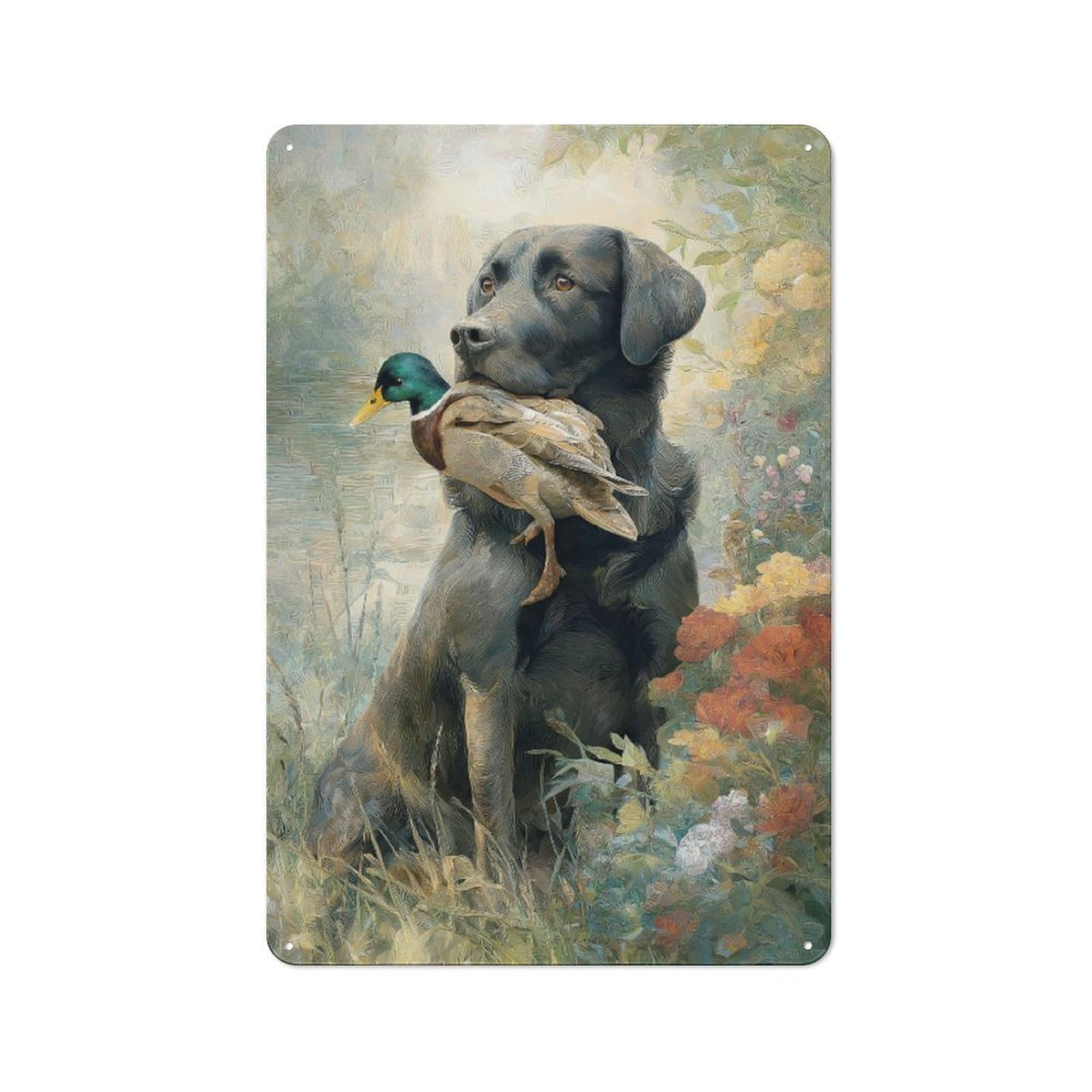 Junmoney Dog With Duck In Field Metal Plaque 30X20cm With For Hallway Wall, Retro Decor, For Wall Display Collectors